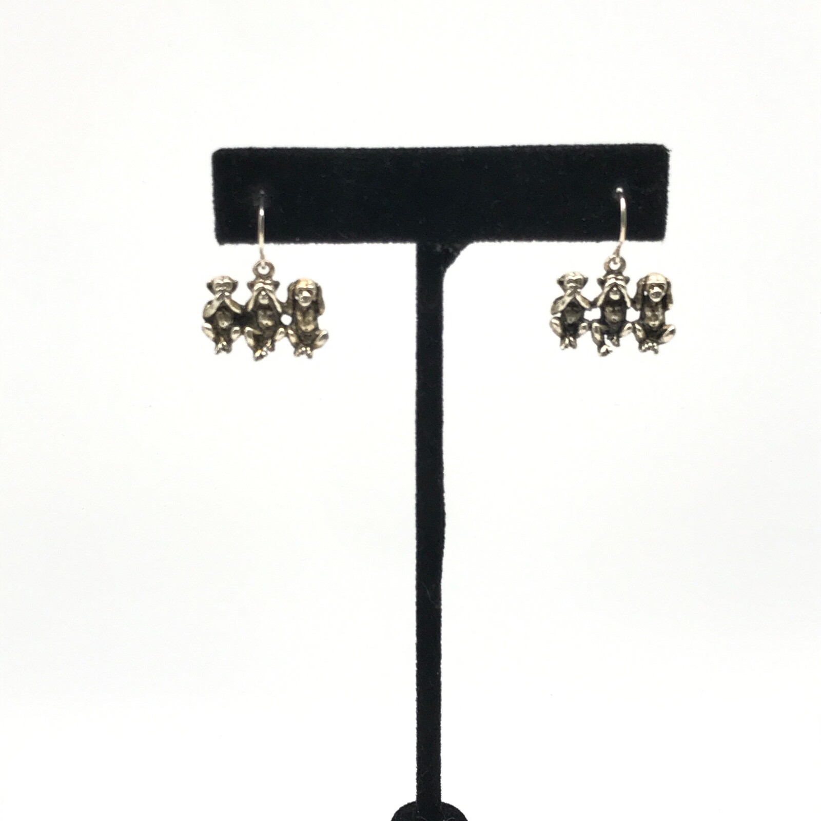 Vintage Silver Tone Triple Monkey Animal Themed Dangle Earrings