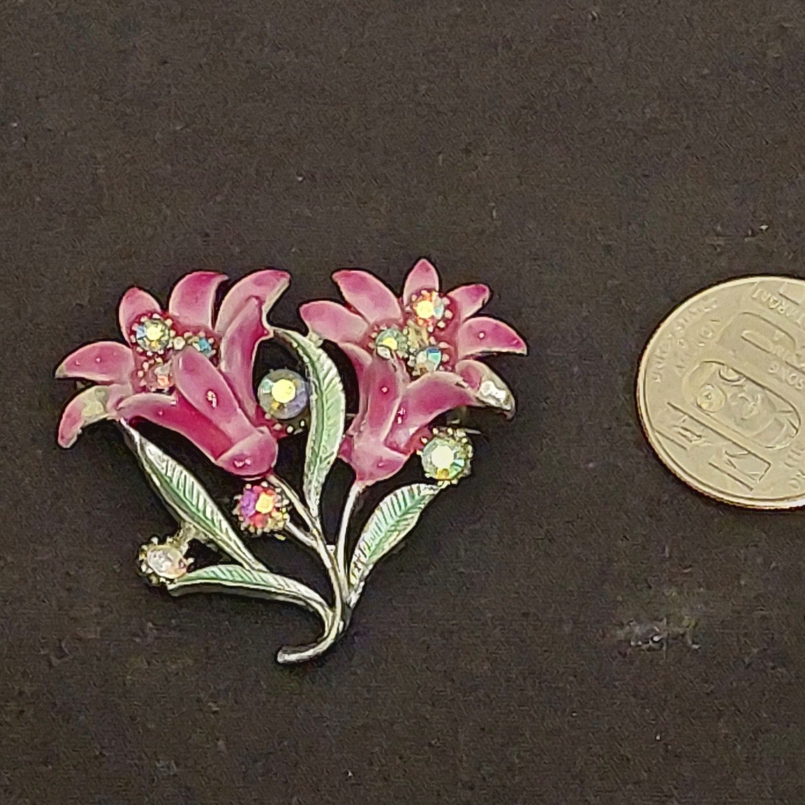 Vintage British Pink Green Guilloche Enamel Lily Rhinestones Flower Brooch