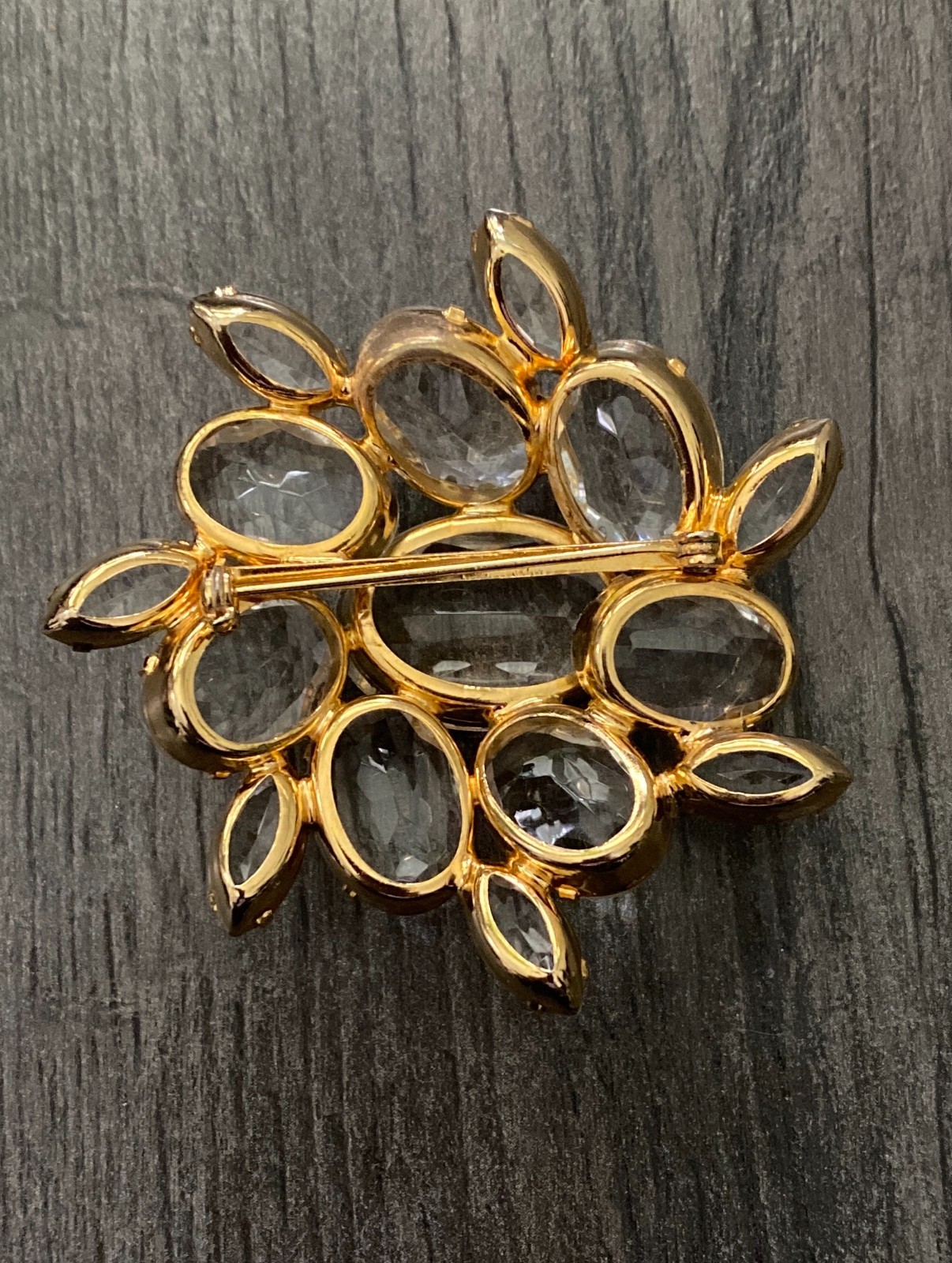 VTG Large Clear Rhinestone Cluster Brooch Gold Tone Domed Prong Set Mid Century