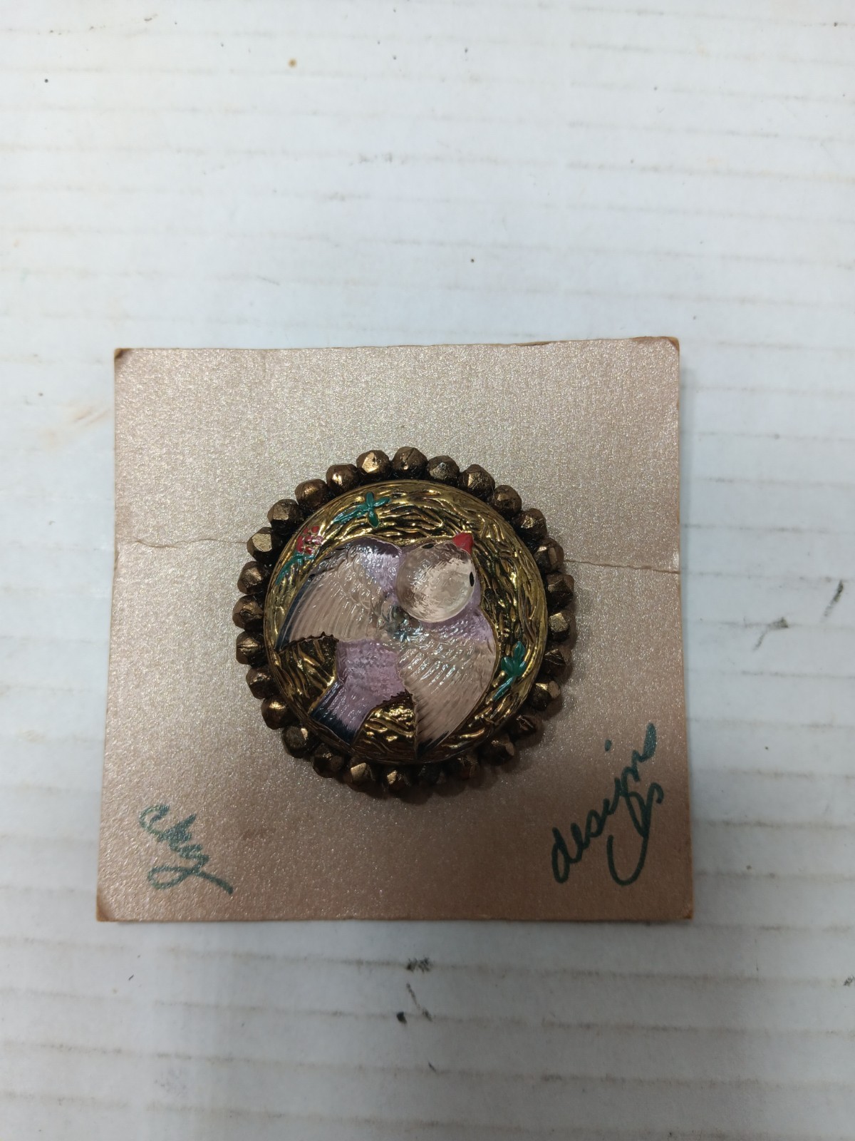 Artisan Czech Button Vintage Glass Beads Brooch Pin Bird