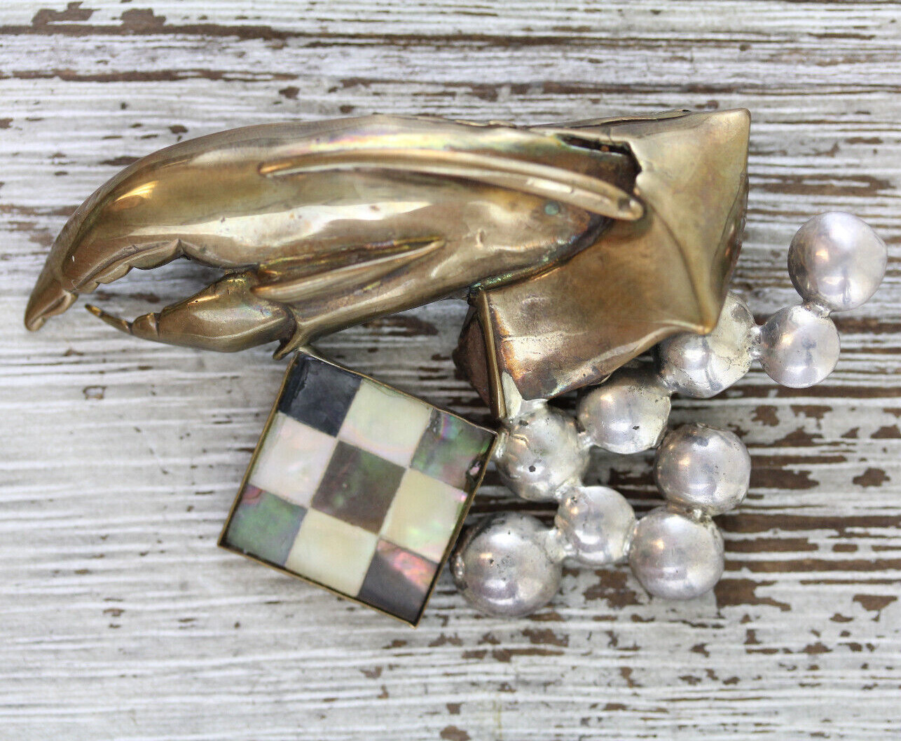 VINTAGE VB DESIGNER SIGNED STERLING SILVER BROOCH BRASS MOP MIXED METAL ARTSIAN