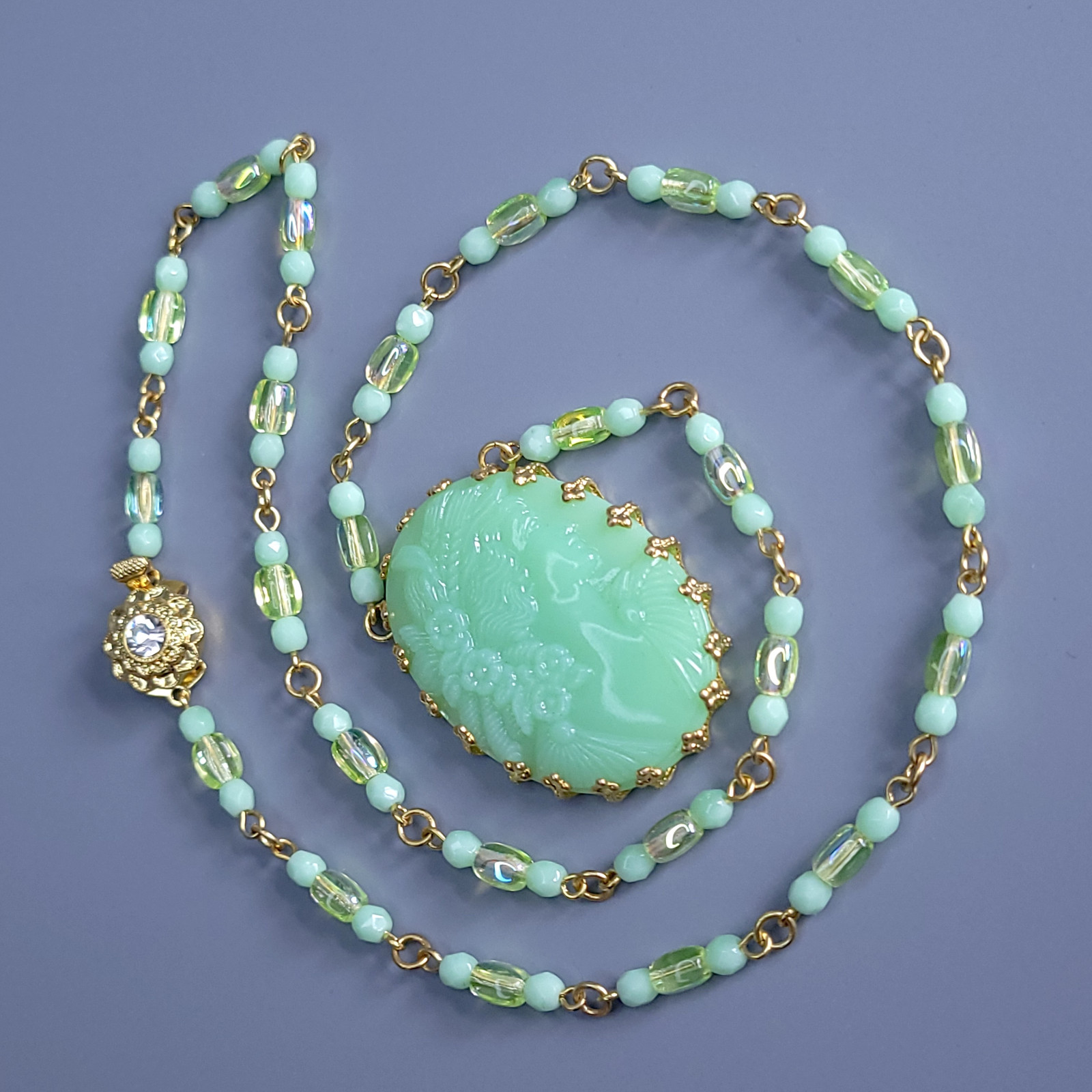 Uranium Glass Necklace 21” Cameo Pendant Vaseline Green Czech Beads