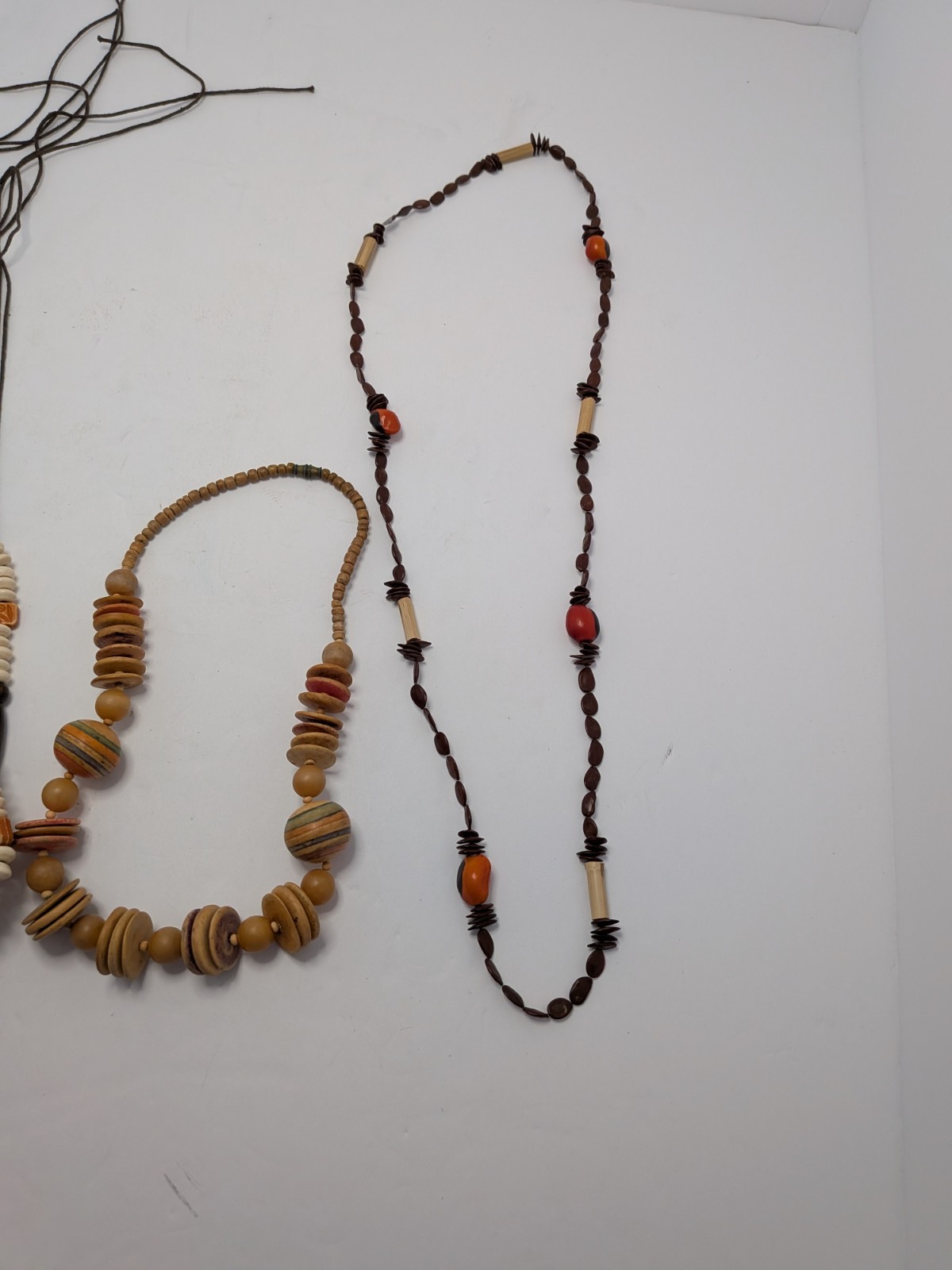 4 Vintage Wooden Beaded Necklaces Various Lengths, Brown, Peach, & Gold Colors