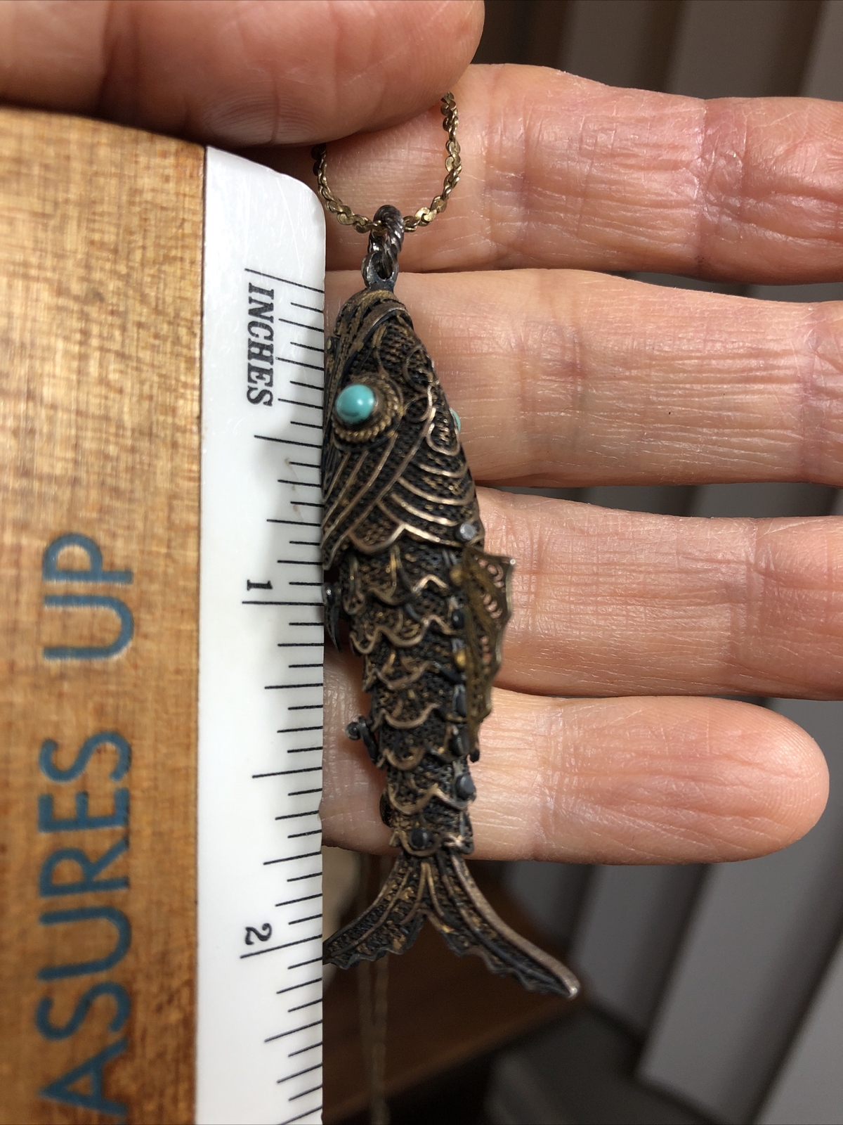 925 Sterlind Cannetille Turquoise Eyed Articulated Fish Locket Pendant Necklace