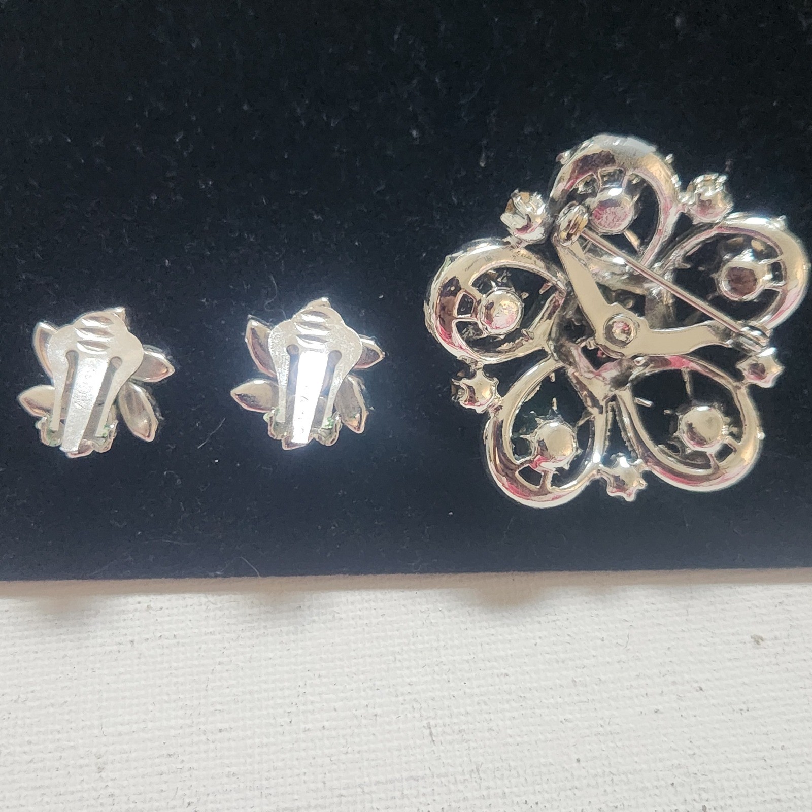 Vintage Rhinestone Brooch and Austria Clip On Earrings Set Silver Tone Floral