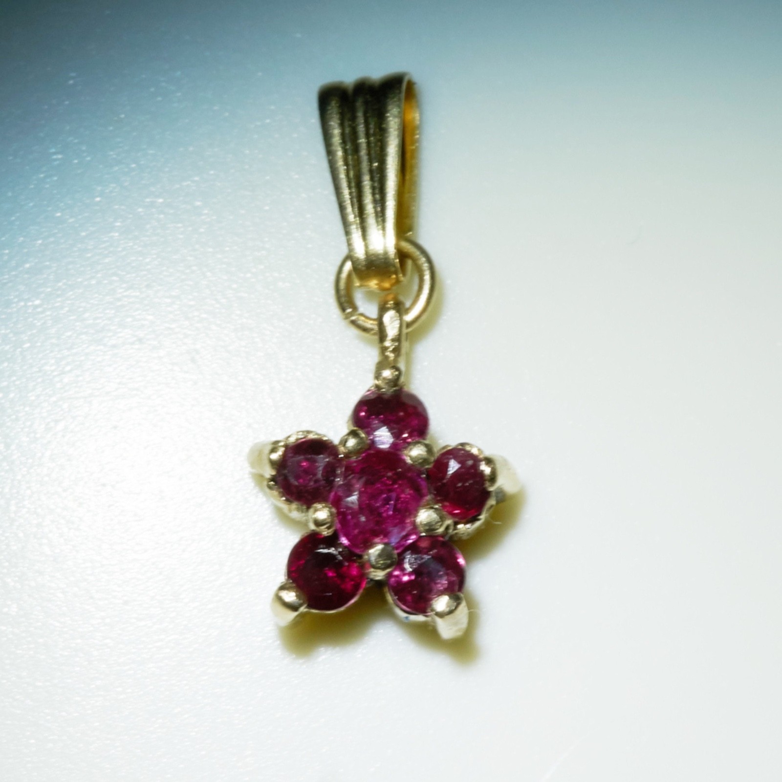 14K Solid Yellow Gold Natural Ruby Gold Star Pendant Necklace, 5 Red Rubies