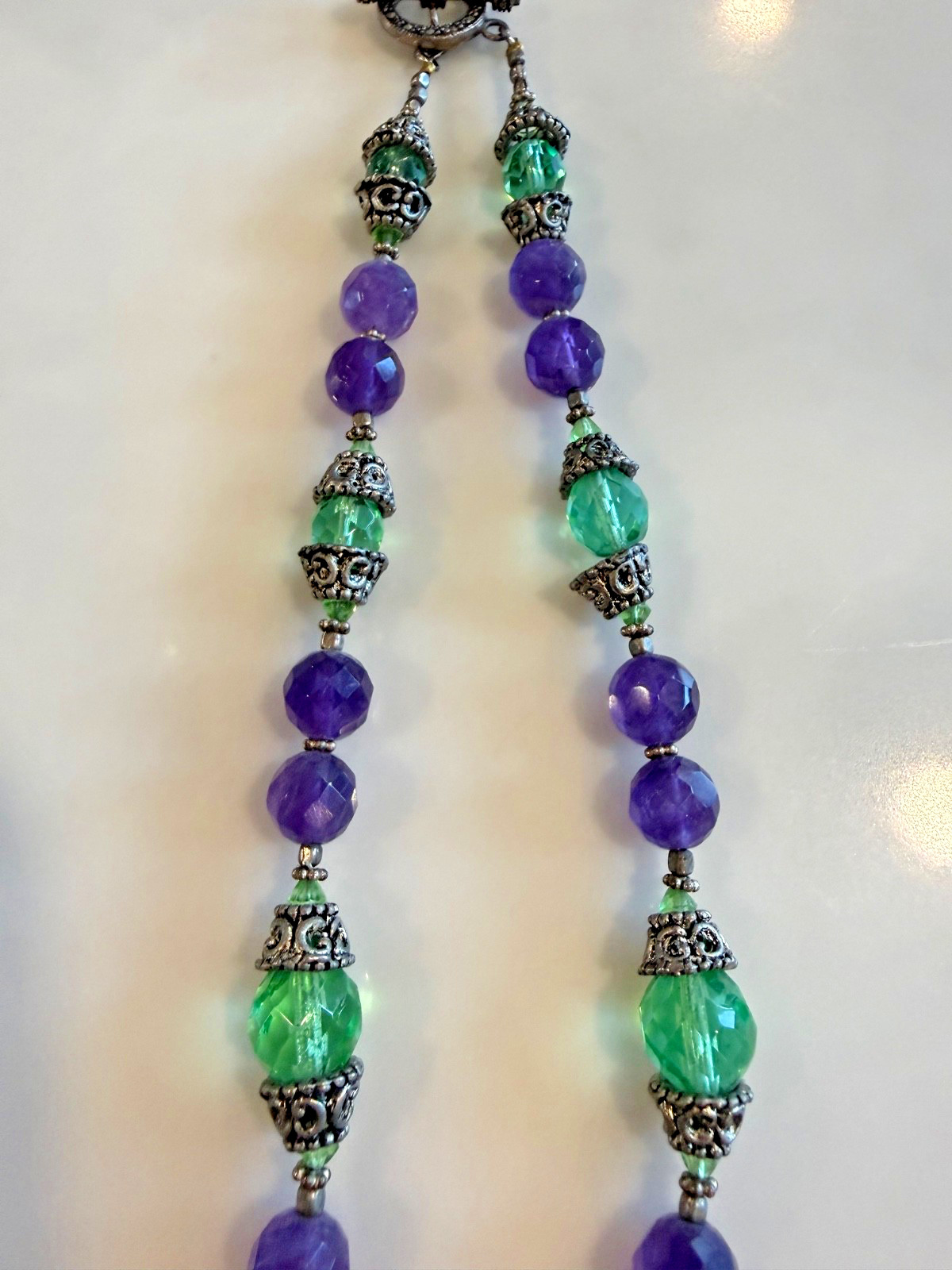 Vintage Sterling Necklace Boho Amethyst and Green Faceted Bead with Drop Crystal
