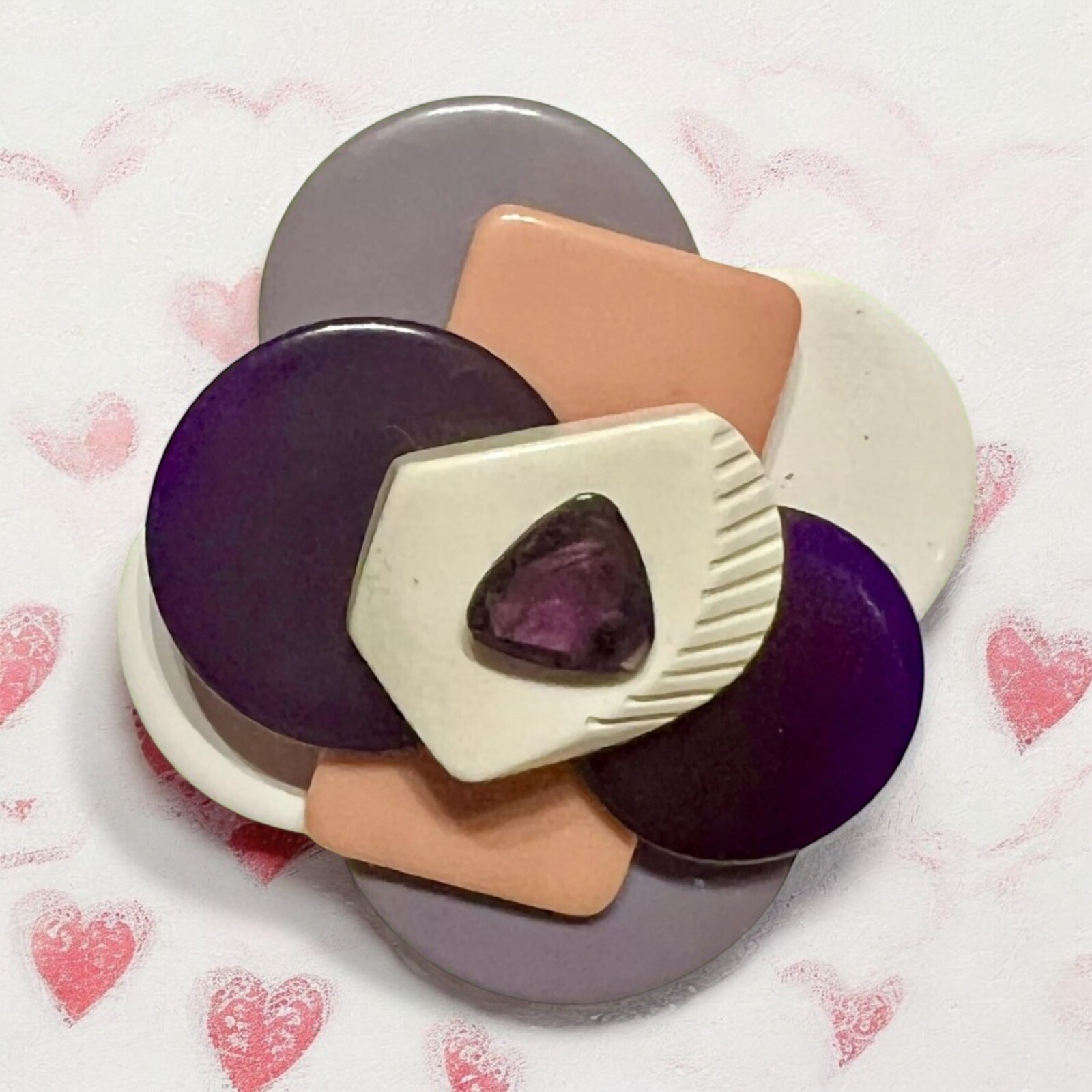 Lavender, Purple, Pink & White Modern Galalith Brooch Early Plastic Bakelite Era