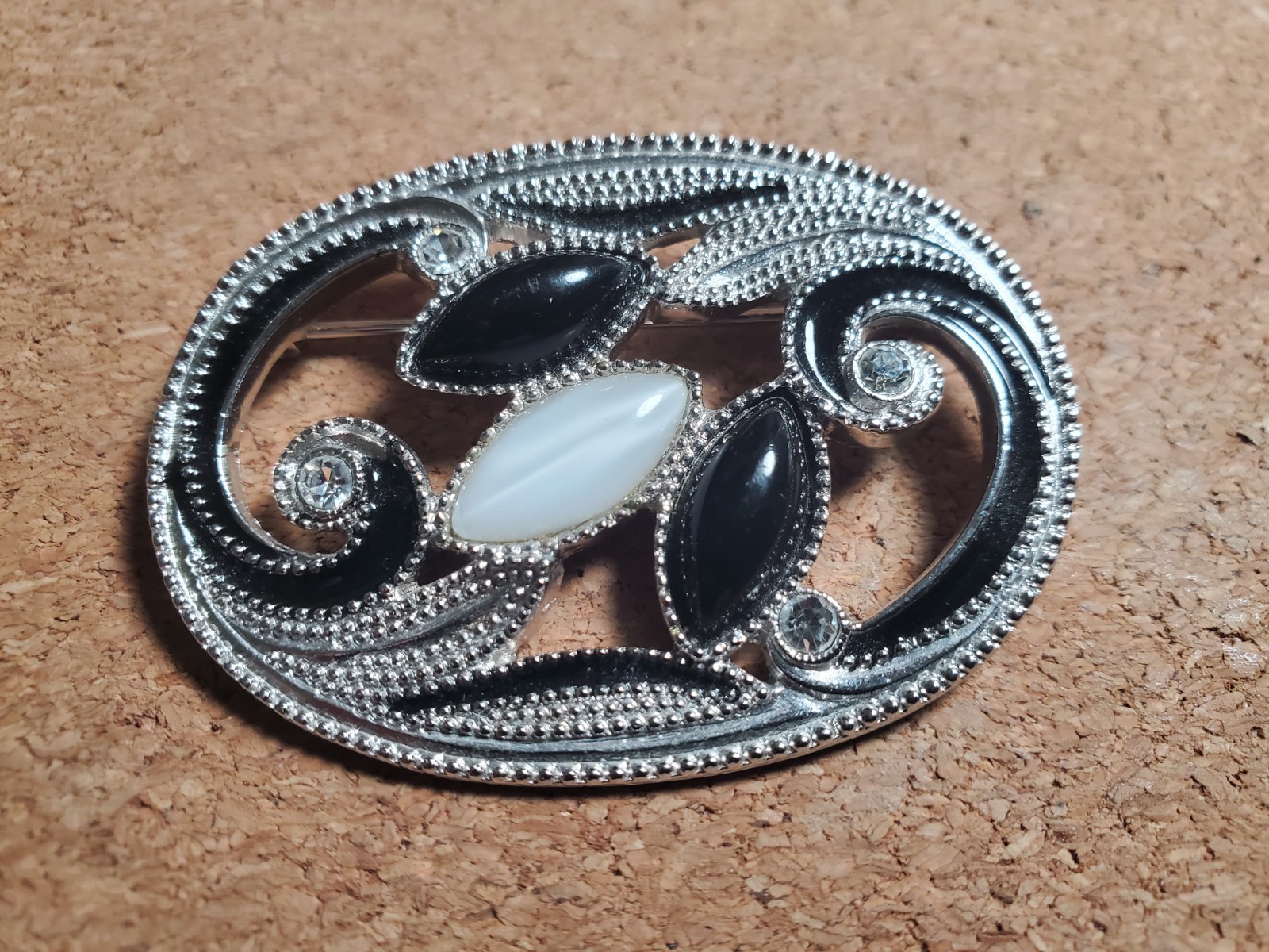 Vintage Silver tone Oval Brooch With Black & White Marquis Shaped Plastic