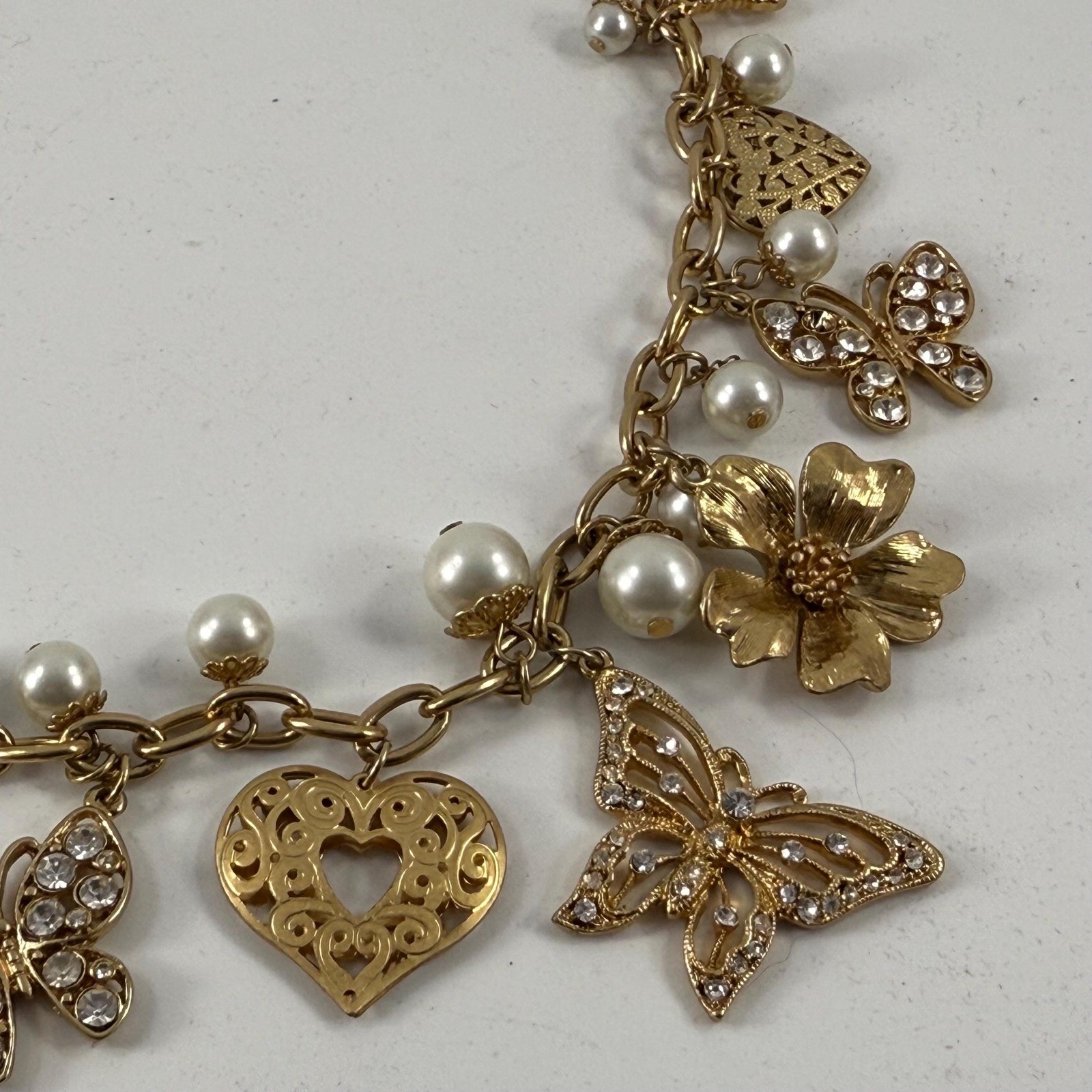 Vintage 1990's Era Charm Style Necklace Butterflies, Hearts and Flowers