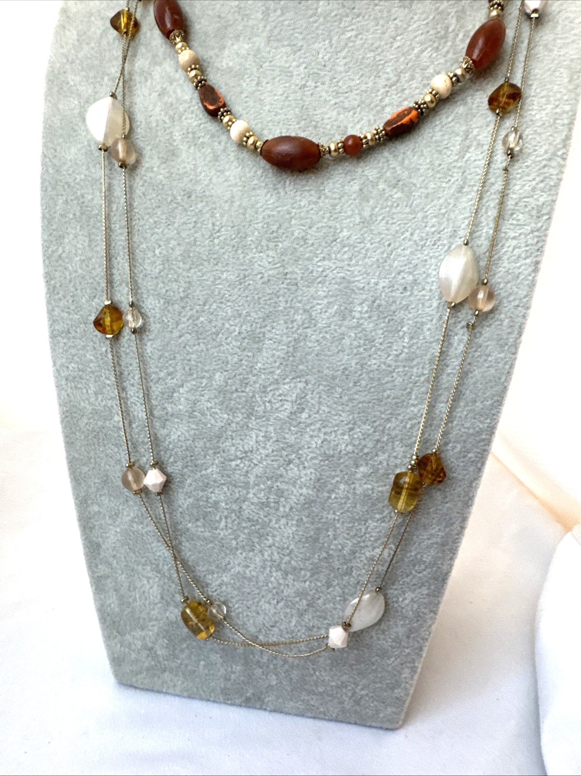 vtg *2 Necklaces Stack* Earthtones GOLD bead chain textured Jewelry Lot-1 signed