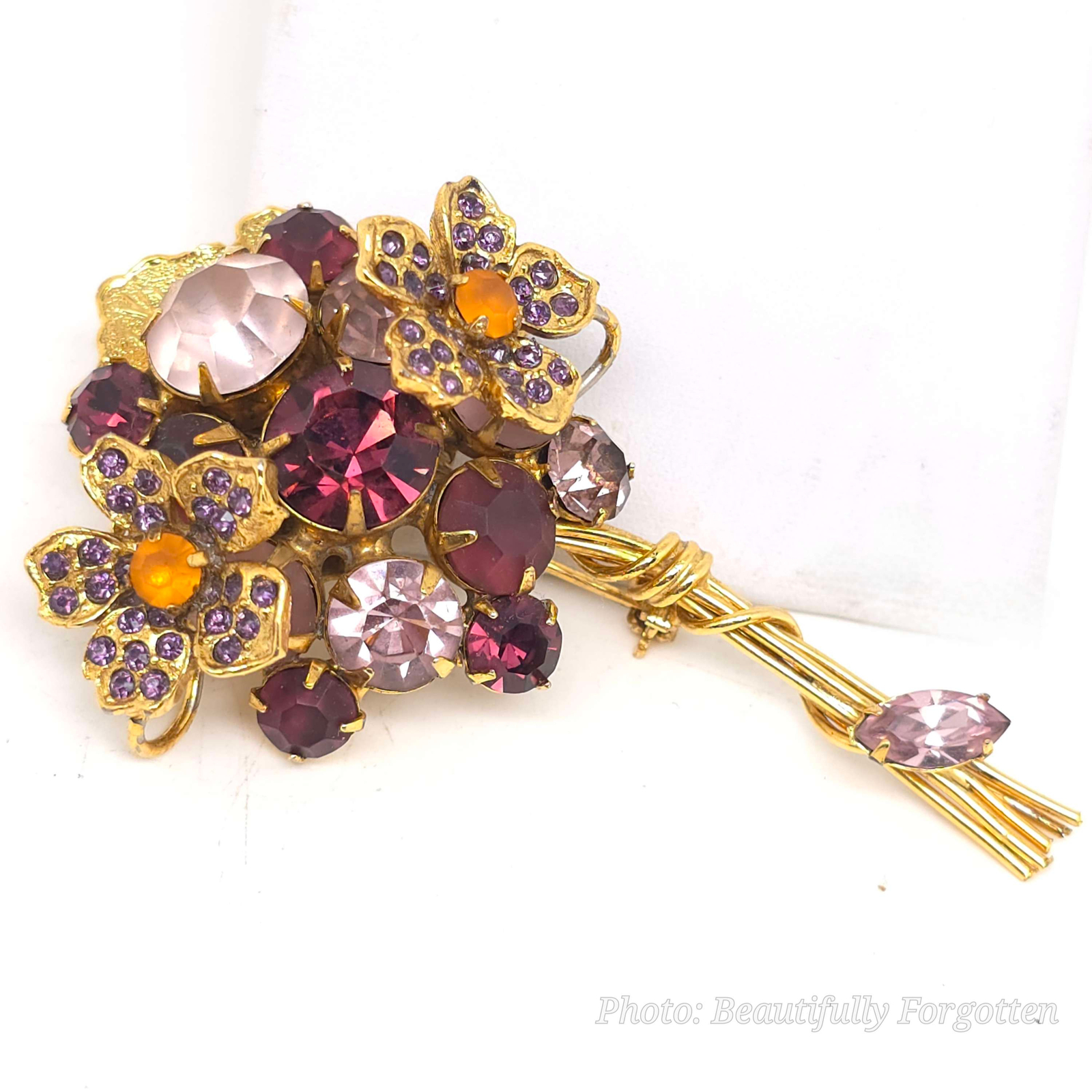 Signed RJ Graziano Purple Rhinestone Floral Bouquet Brooch