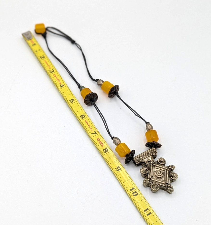 Vintage Coptic Amber Tribal Necklace Yellow Boho Moroccan Berber Amulet Pendant