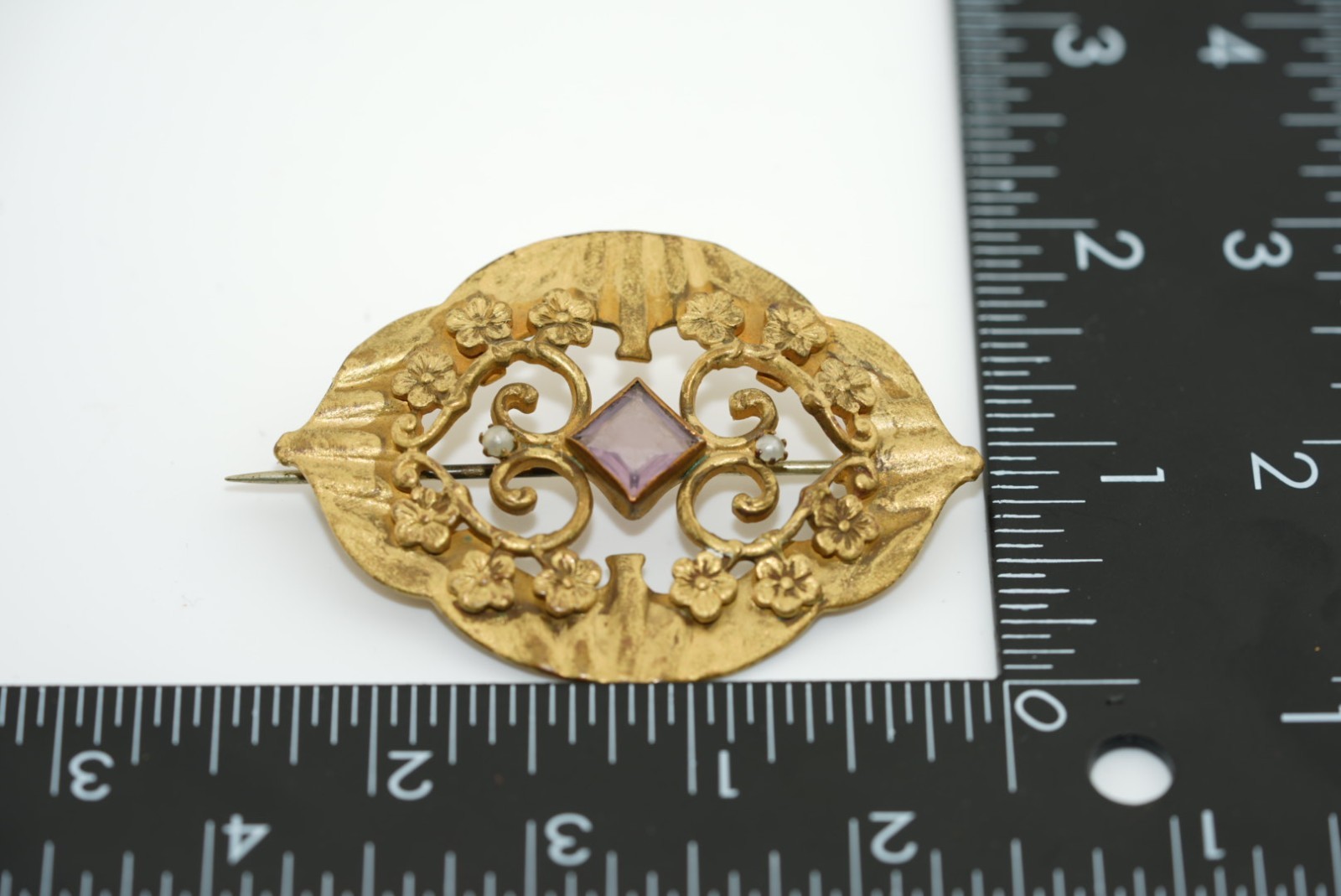 Antique Victorian Brooch Lavender Glass Gold Tone Hearts Forget Me Nots