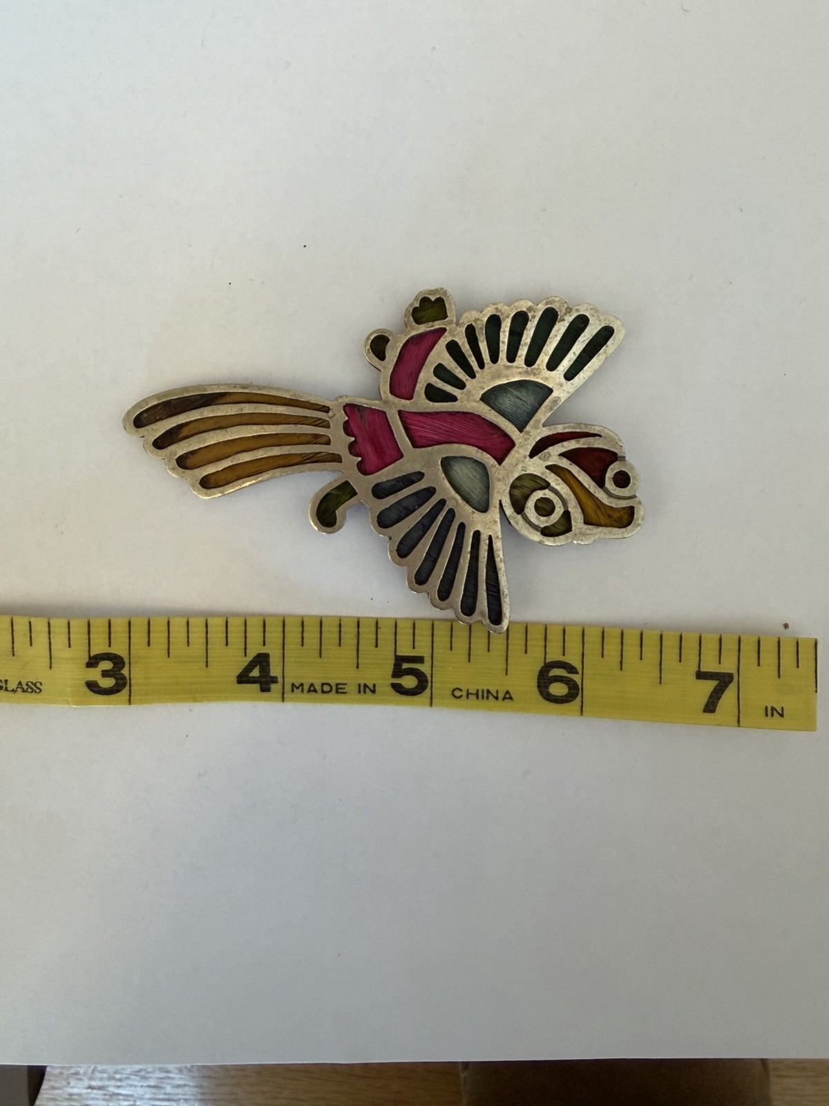 Vintage Los Castillo Pluma Azteca Exotic Silver-plated & Feather Bird Brooch
