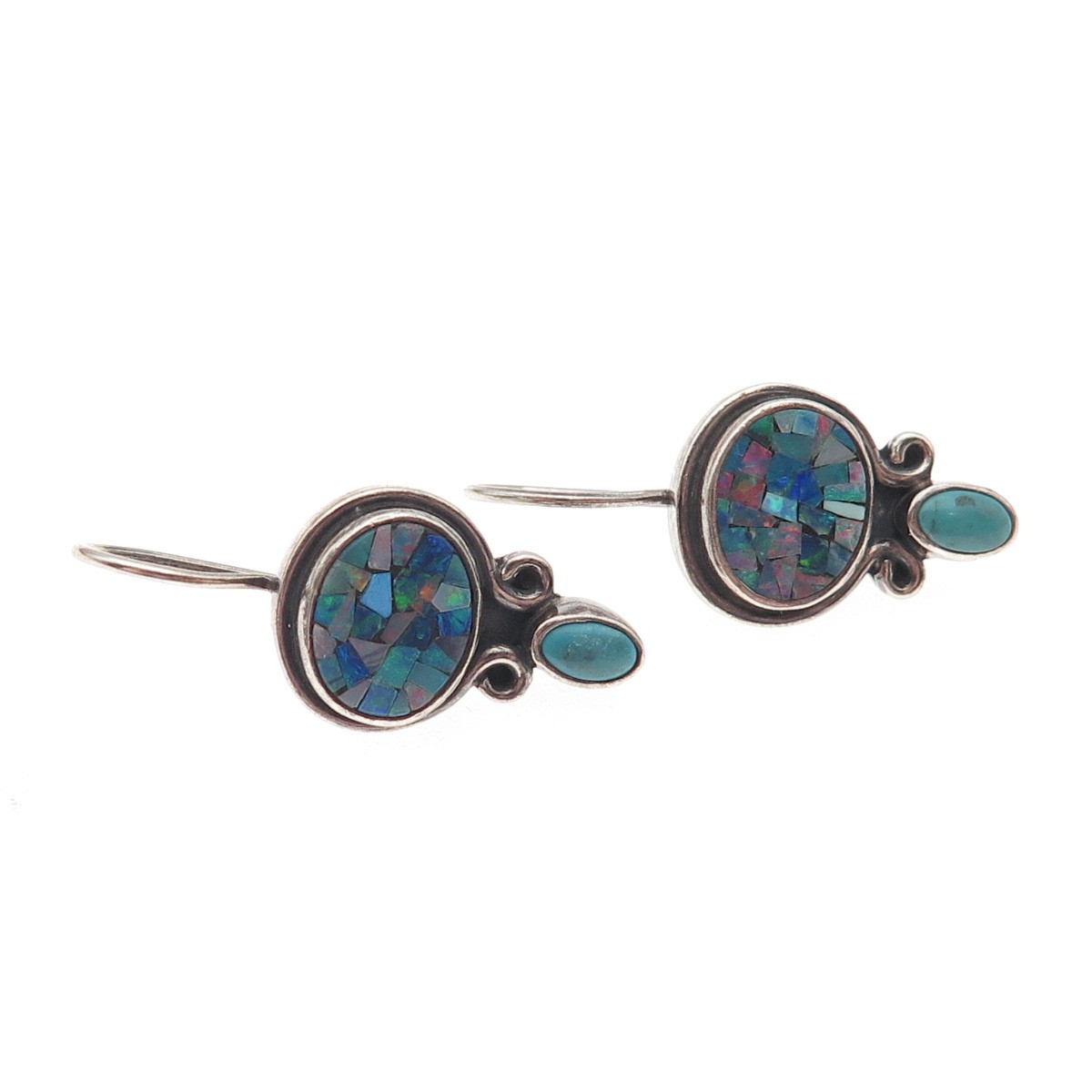 PB Paul Brackna 925 Sterling Silver Vintage Real Opal Inlay & Turquoise Earrings