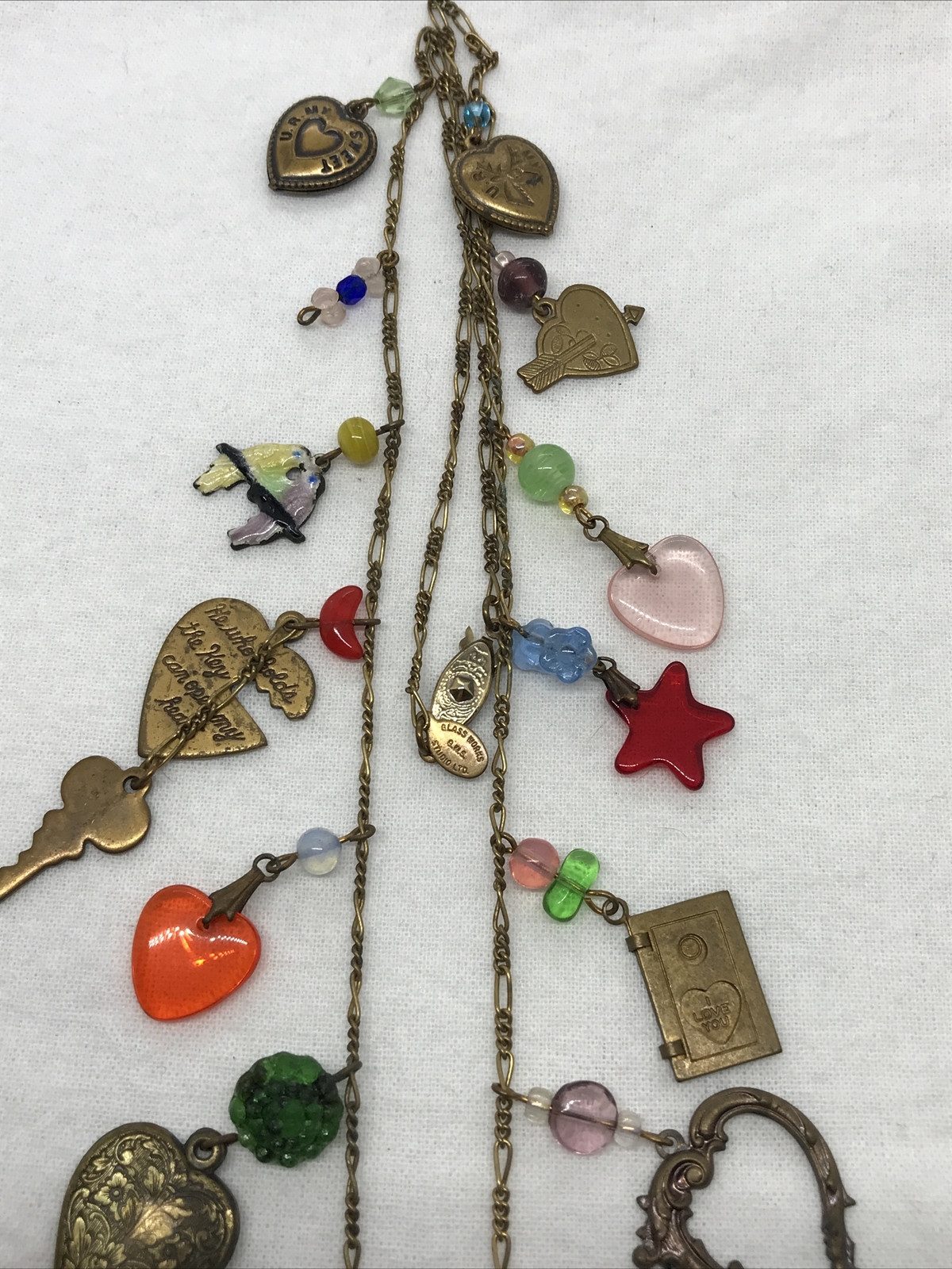 Vintage Glass Works Studio Brass & Glass Charms in Multi Colors Necklace 14