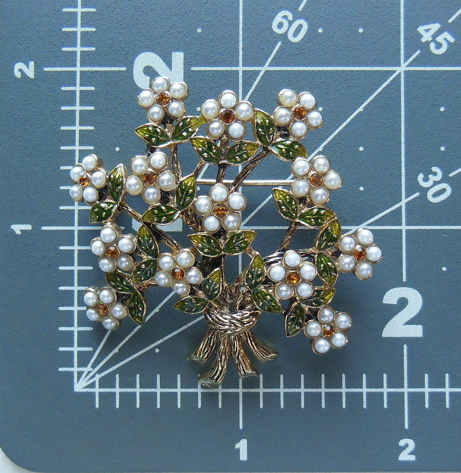 Beautiful Signed MONET Faux Pearl RS Enamel Leaf Flower Sprig Bouquet Brooch Pin