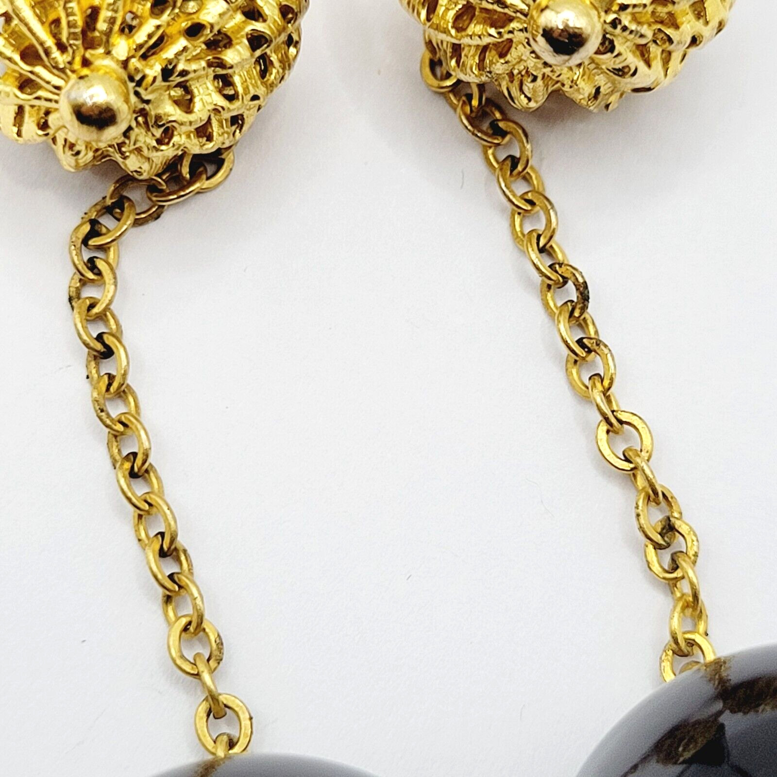 DeNicola Black Ball & Chain Long Drop Dangle Runway Gold Tone Clip On Earrings
