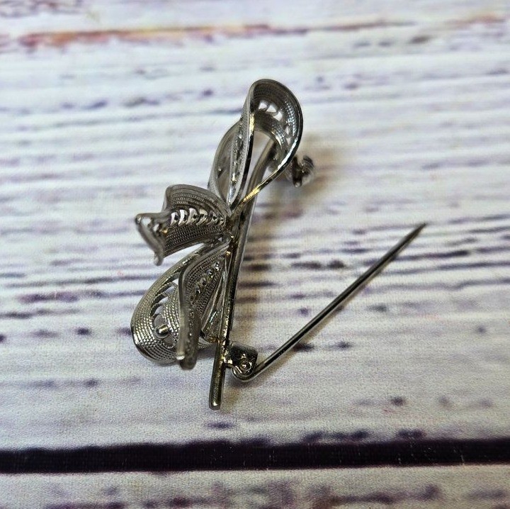 Antique Western Germany1940’s Silver Tone Filigree Bow Pin Brooch Jewelry signed