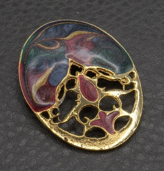 Vintage Enamel Brooch Green Blue Red 80’s 90’s Iridescent Swirl Gold Tone Glam