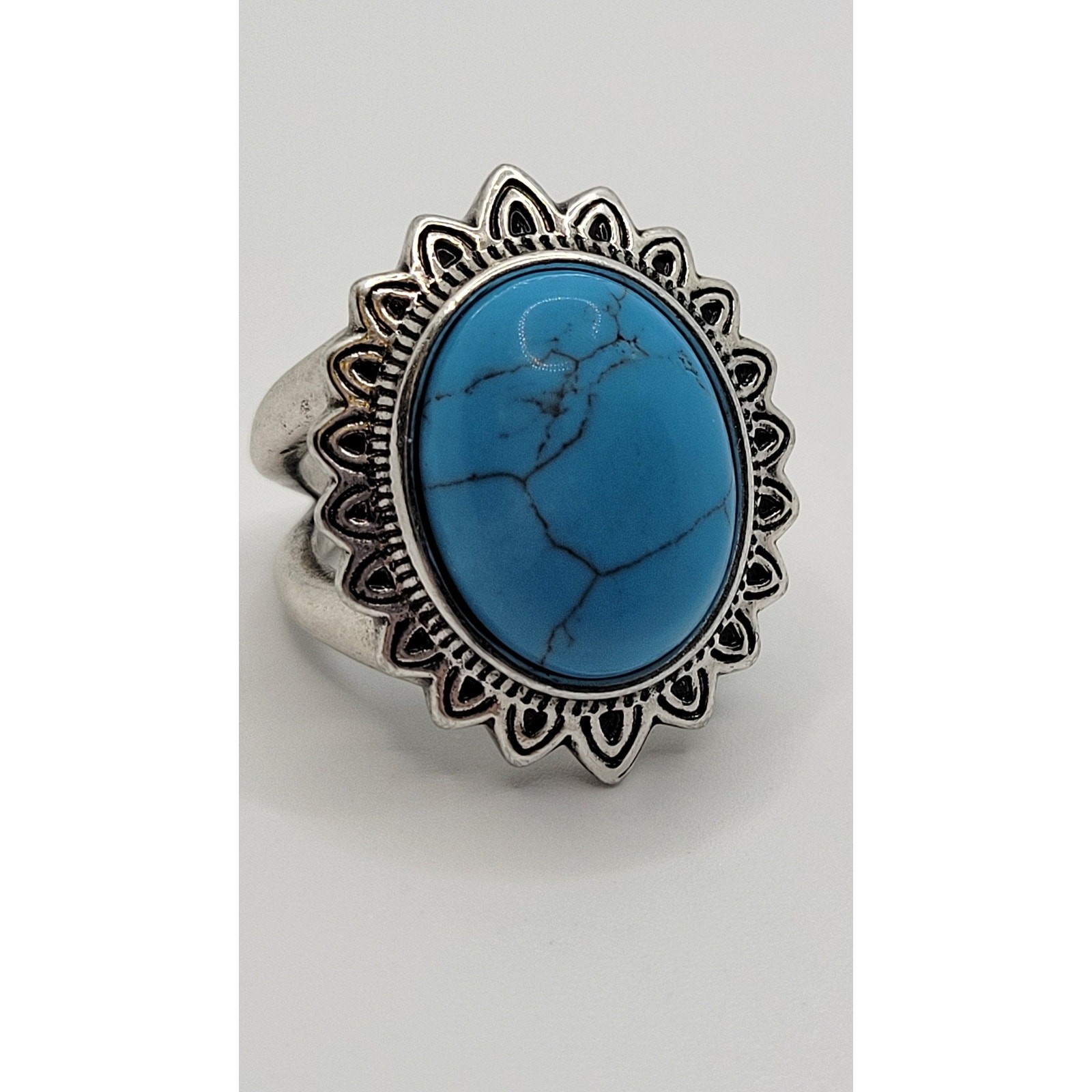 Blue Stone Faux Turquoise Cabochon Statement Ring Dyed Howlite Silver Plated