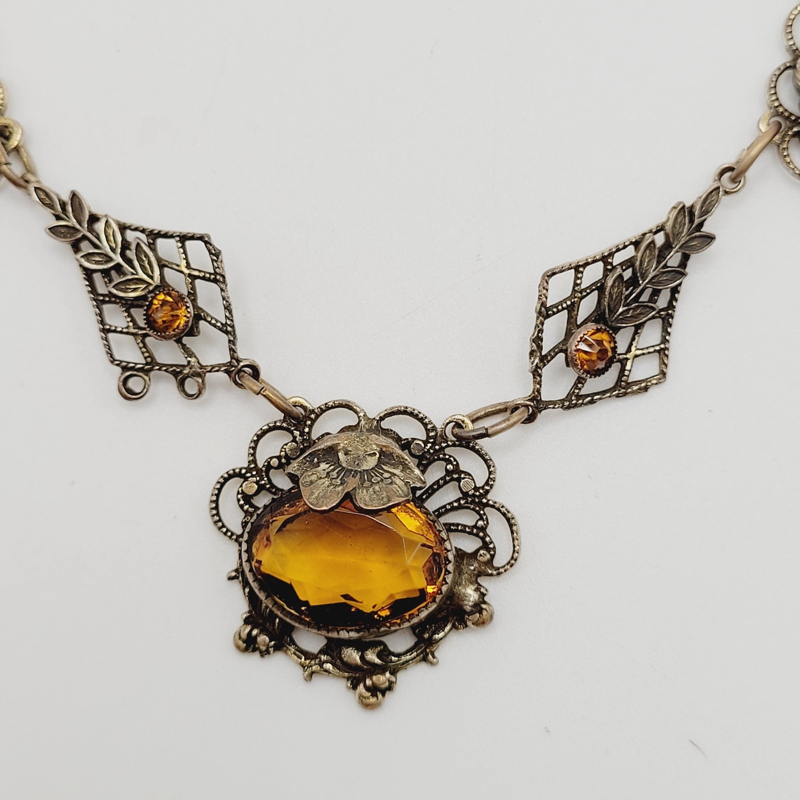 Czech Glass Art Nouveau Deco Flower Motif Brass Festoon Bib Amber Citrine 15 In