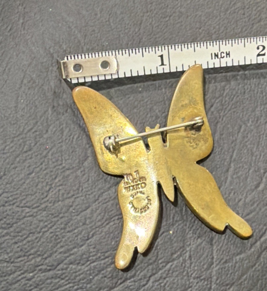 vintage Los Castillo Taxco Butterfly Brooch Inlay Mosaic Mexico Sterling Silver