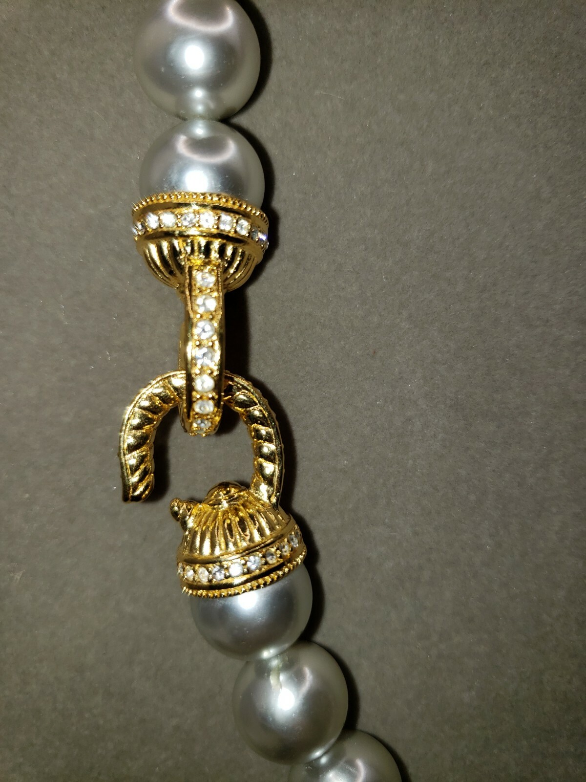 Womens Fashion Jewelry. Gray Faux Pearl Necklace With Gold Tone And Rhinestone