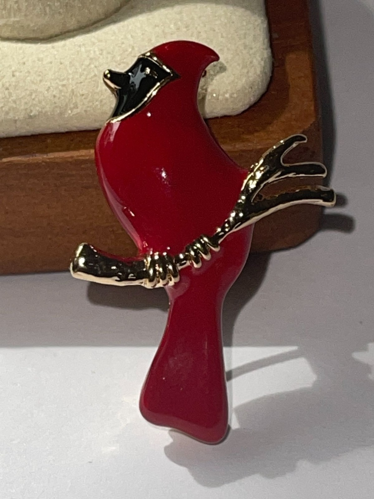 Cardinal Bird Brooch Pin With Gold-Tone Branch Red Enamel Finish