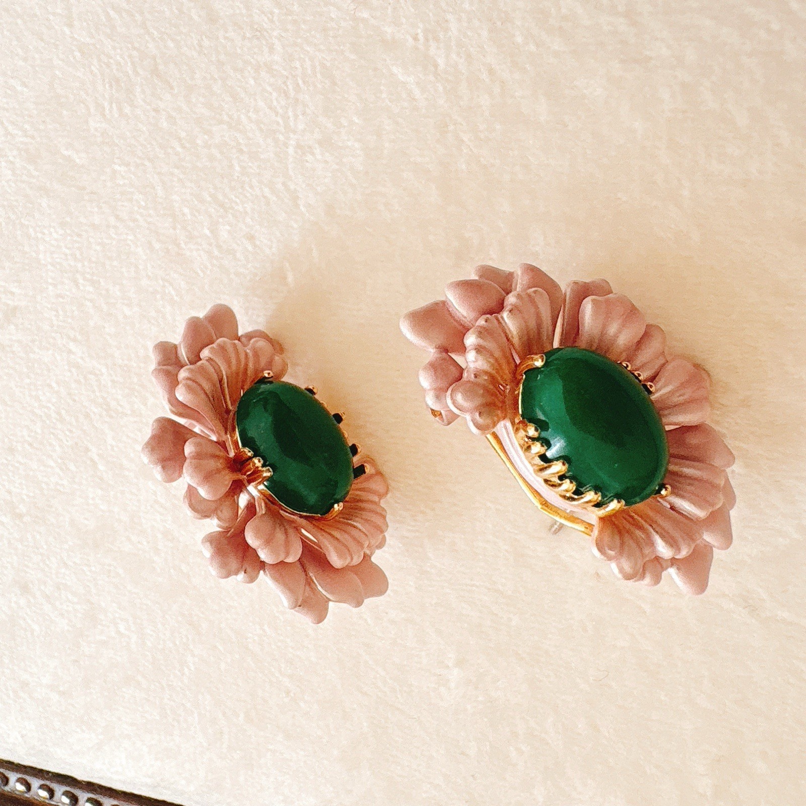 Pink Enamel Floral Earrings with Green Jade-Style Center-Vintage Style