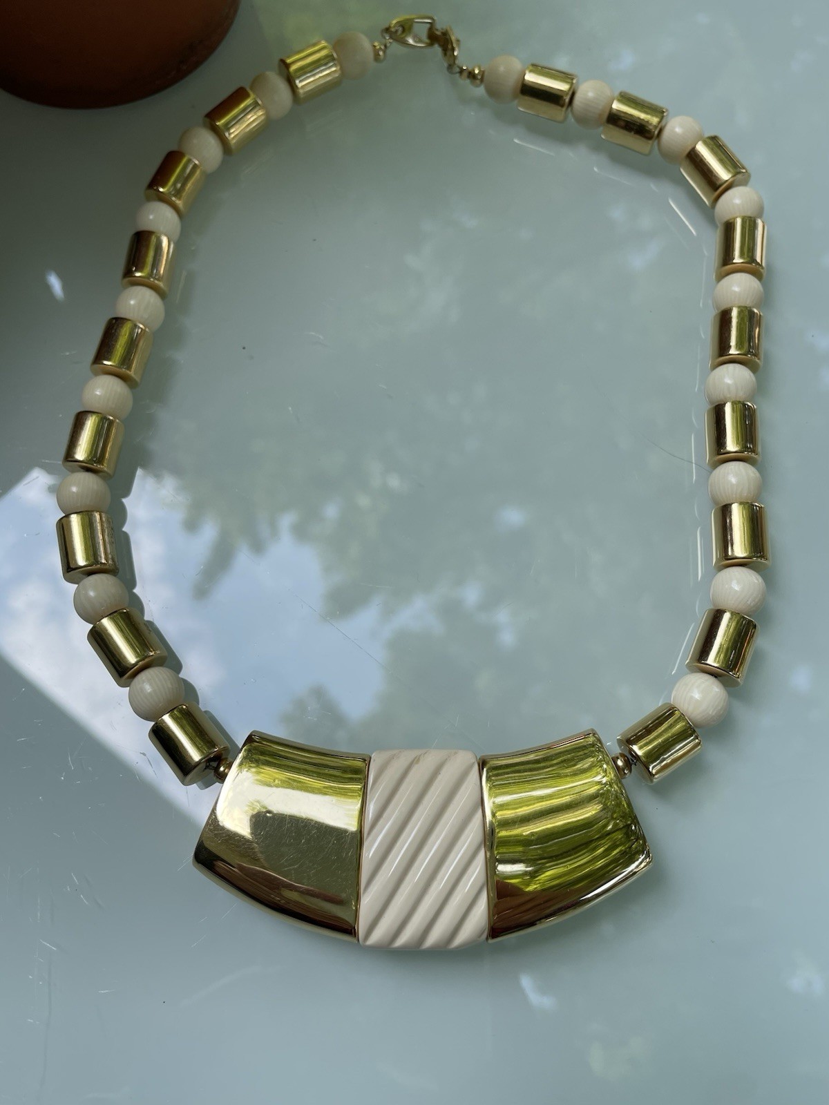 Vtg NAPIER French Ivory and Gold Tone Modernistic Statement Necklace