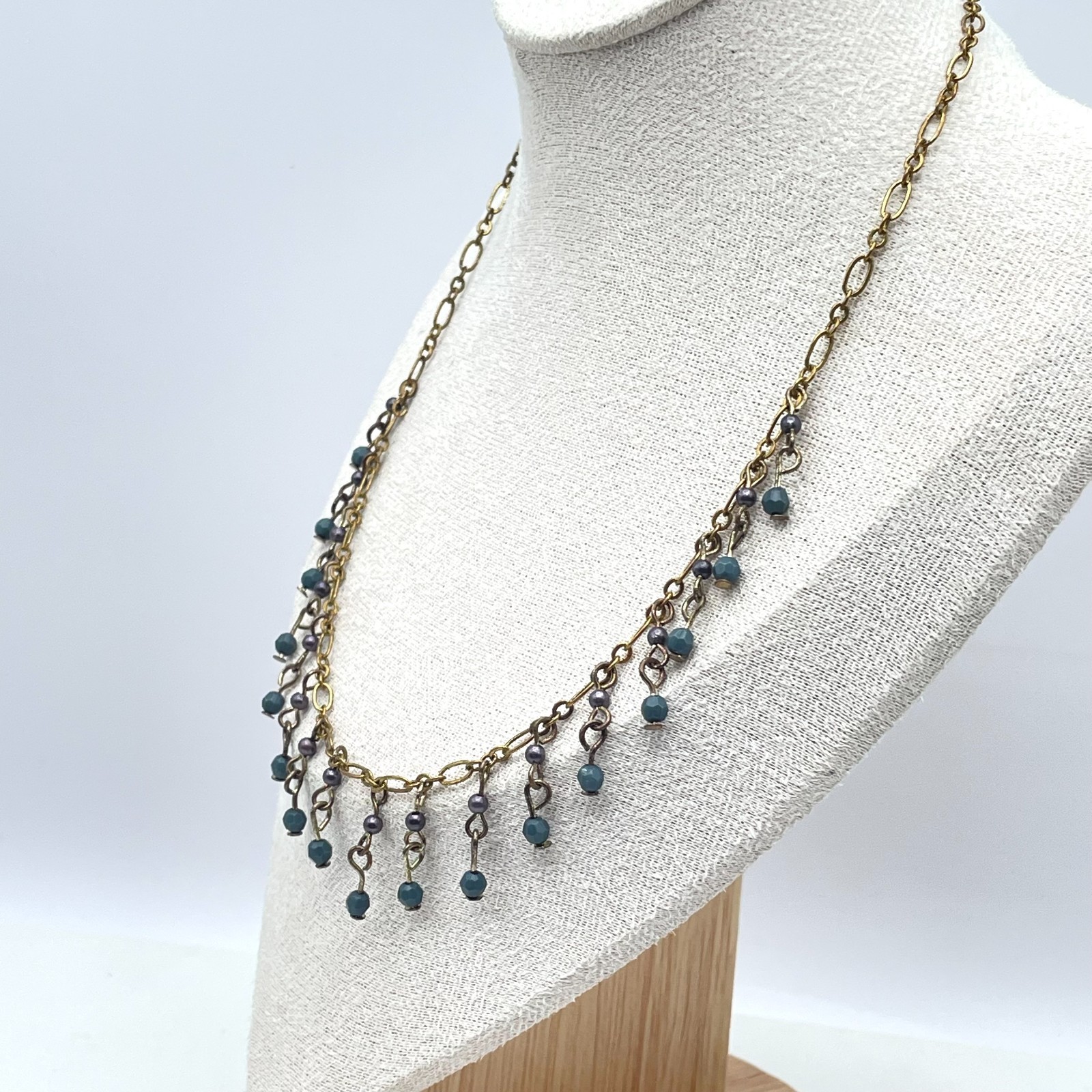 Vintage 90s Y2K Boho Gold Tone Fringe Bib Necklace Beaded Statement Necklace