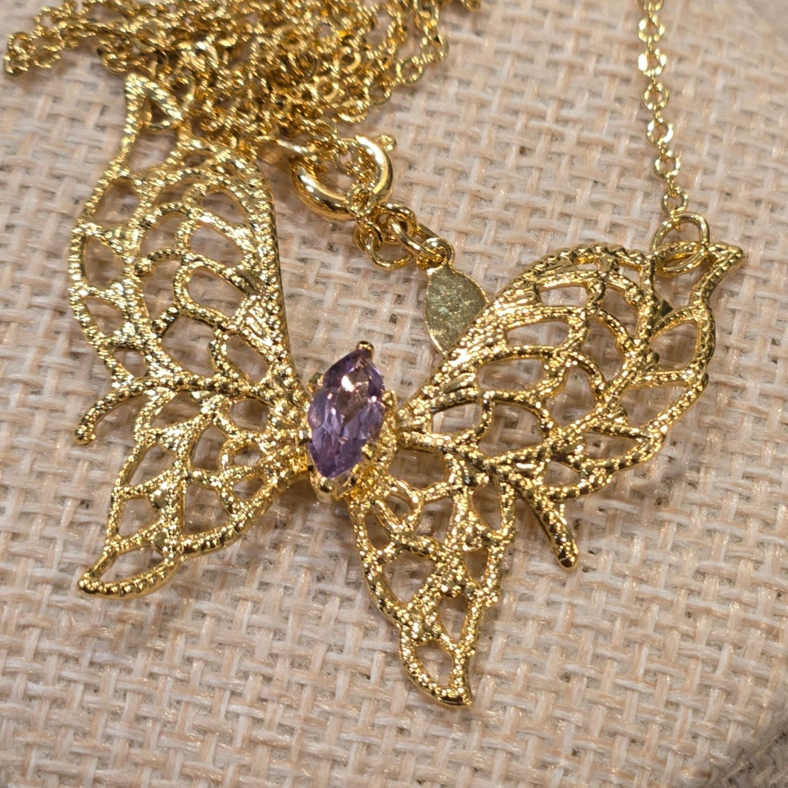 Vintage Gold Butterfly Necklace Purple Stone Filigree 14K HGE Lindenwold Jeweler