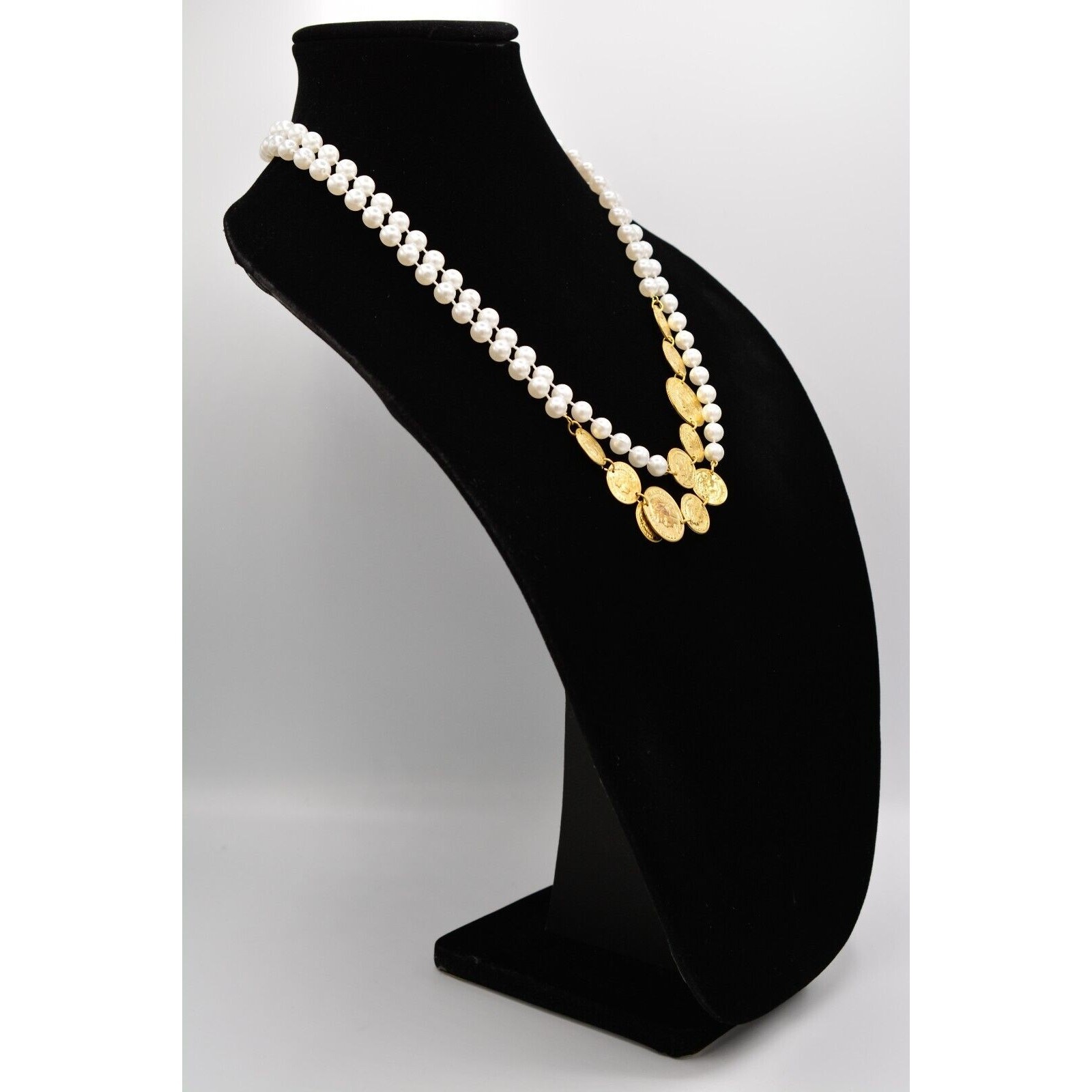 Vintage Pearl Coin Station Necklace Gold Linked White Beaded NOS 1990s BinA12