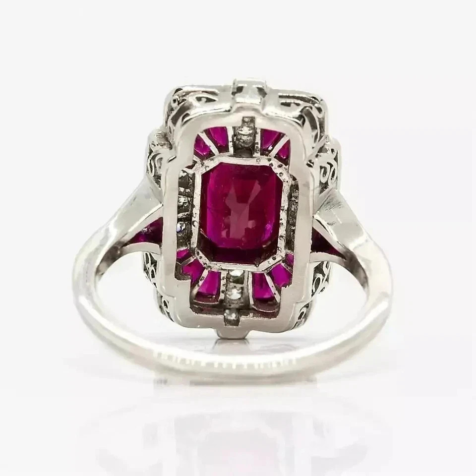 4Ct Art Deco Style Ruby & Lab-Created Diamond Engagement 14K White Gold FN Ring