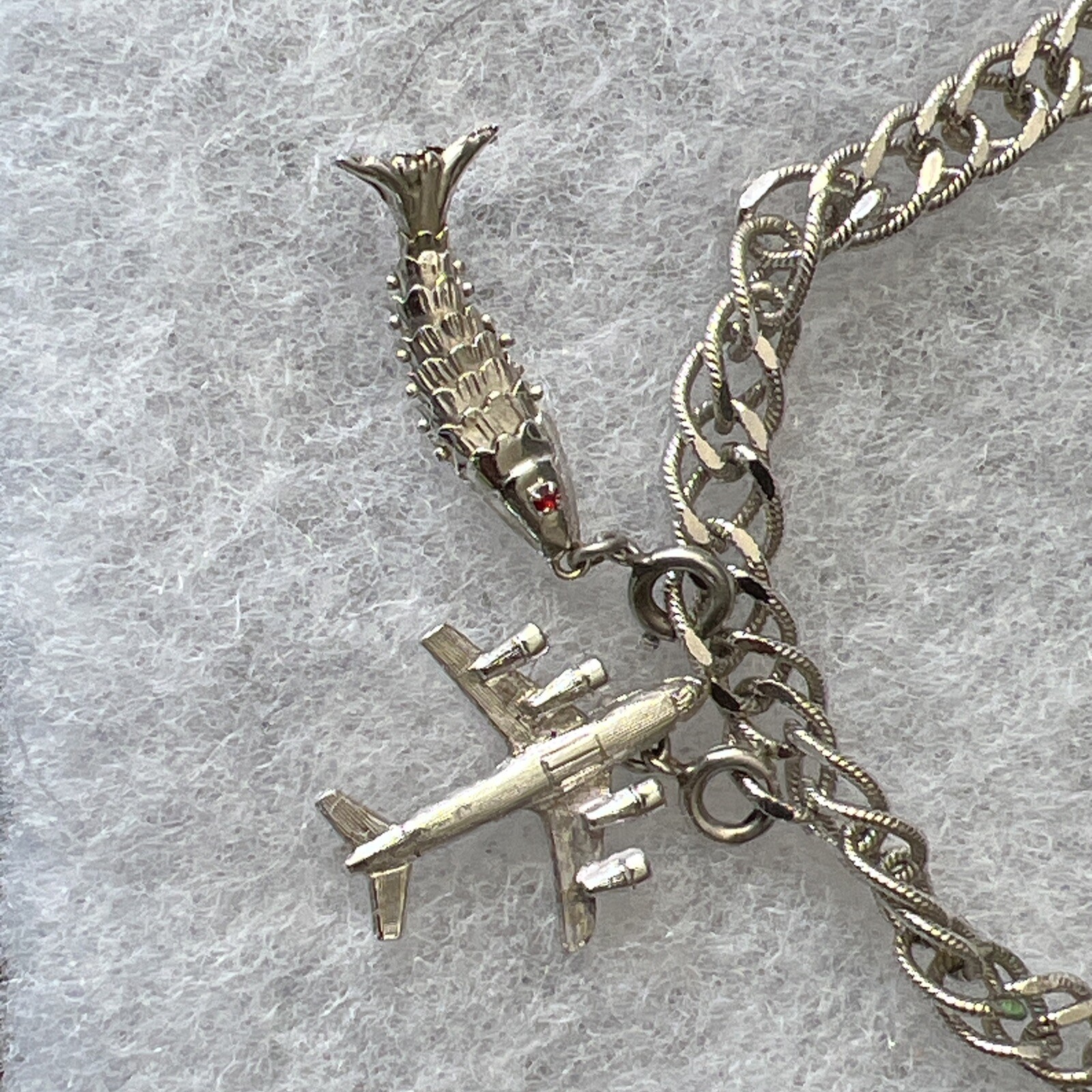 Vintage Silvertone Monet Starter Charm Bracelet Two Charms Airplane Fish 7″