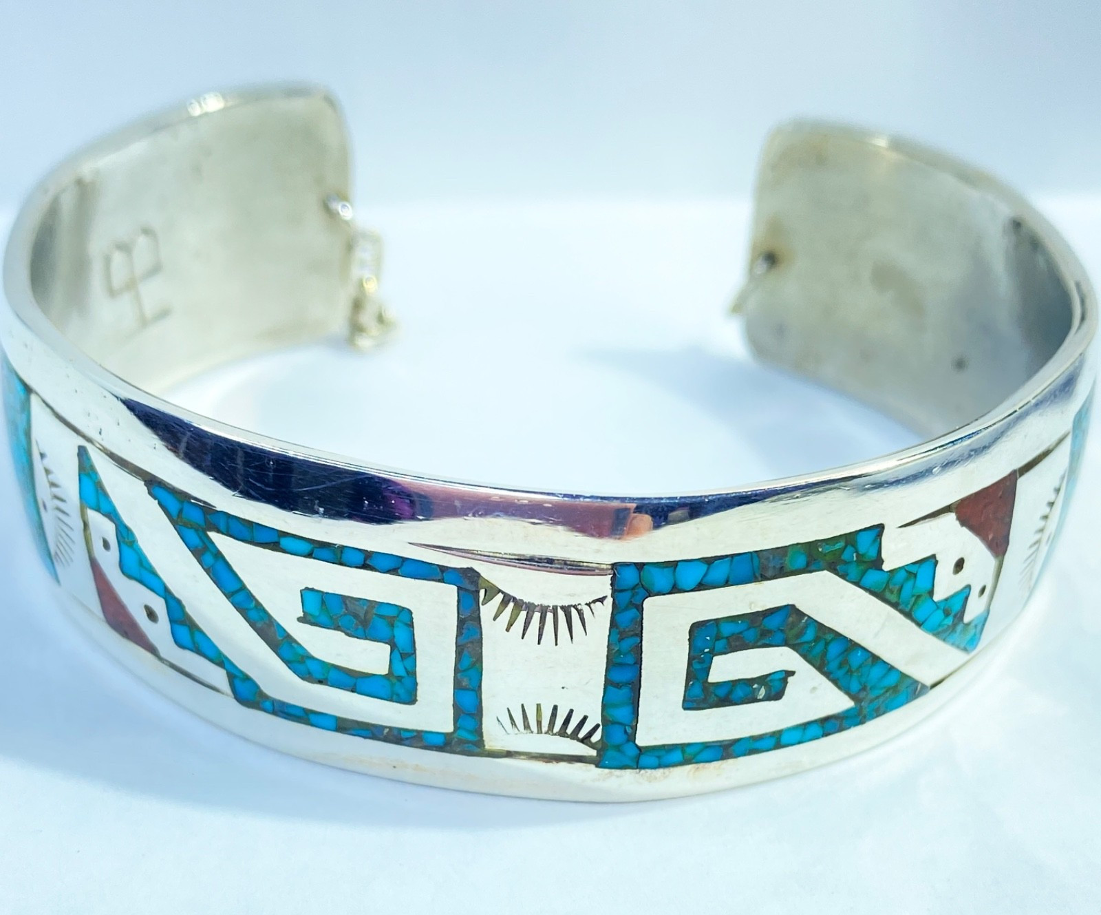 Sterling Native American Henry Baca Inlaid Turquoise & Coral Cuff 2 3/8″