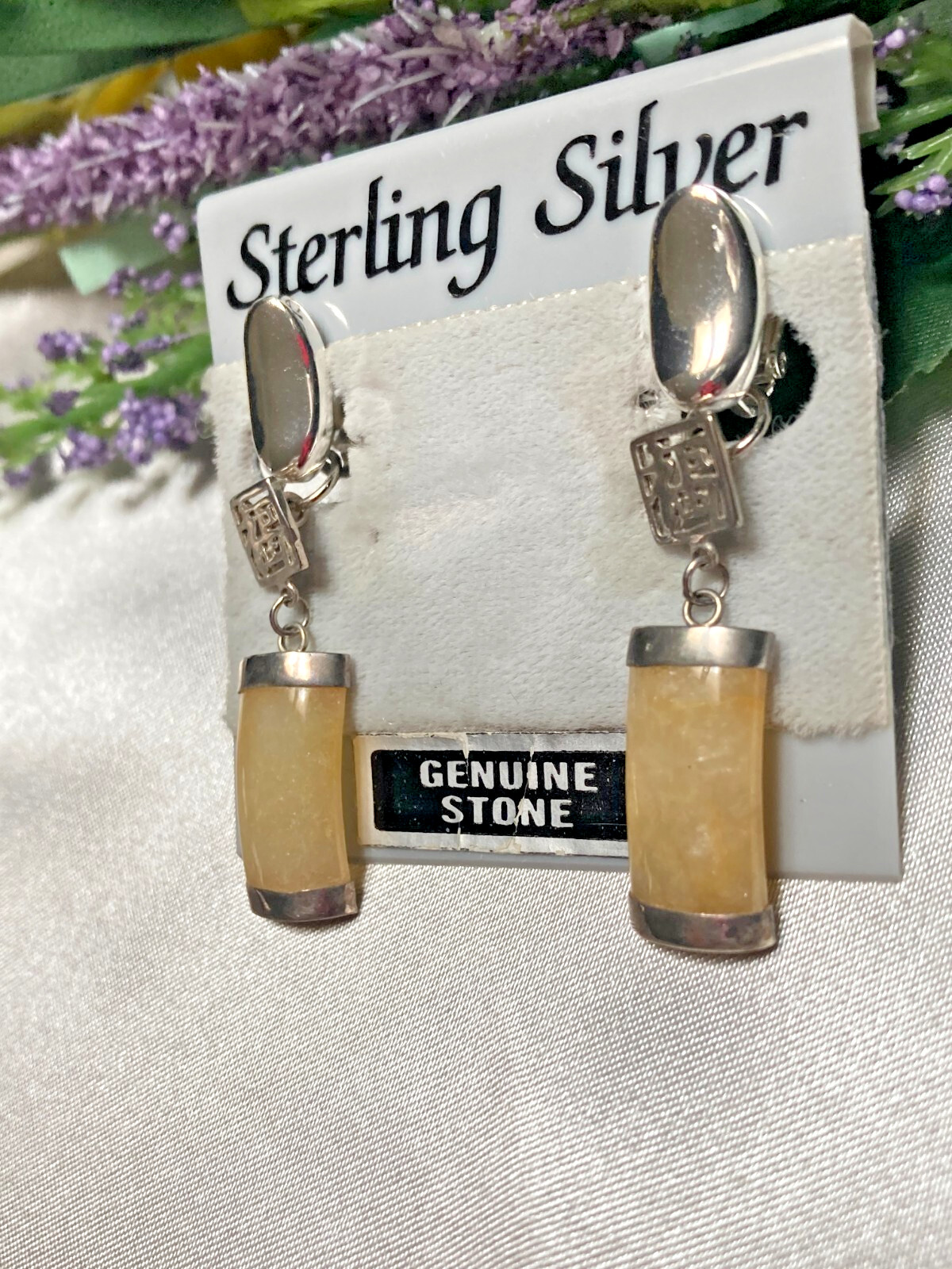 Beautiful Vintage Amber Jade Sterling Silver Asian Theme Dangle Drop Earrings