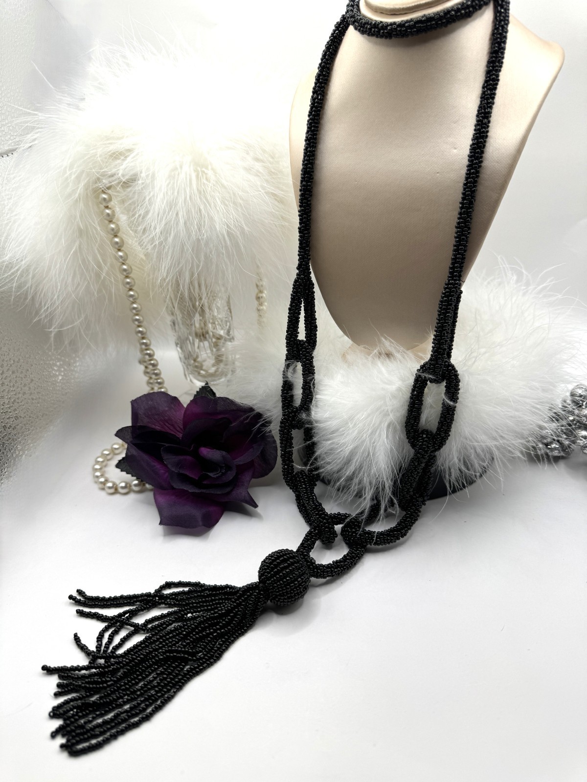 Designer Black Micro-Beaded Statement Necklace Multi-Looped Rare High End