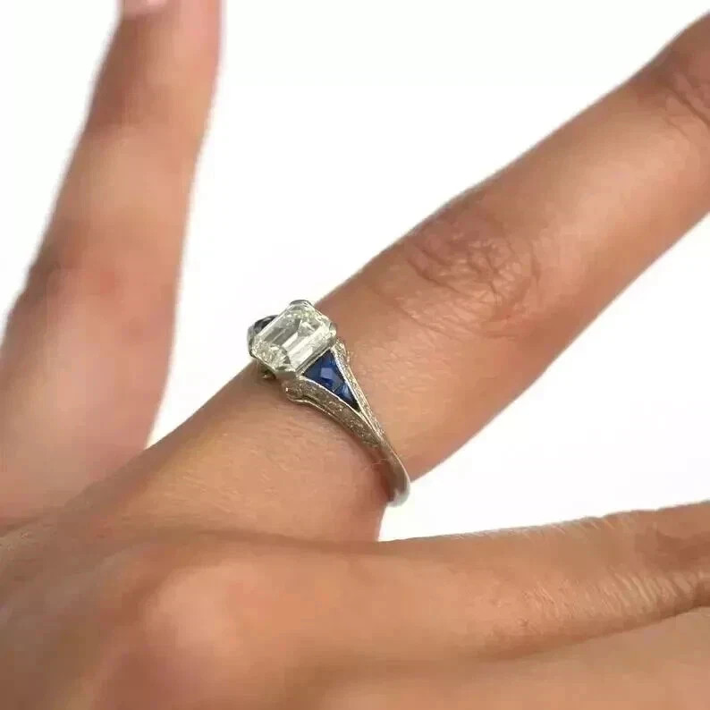 Art Deco Style Emerald Cut Lab Created Diamond 925 Silver Engagement Ring