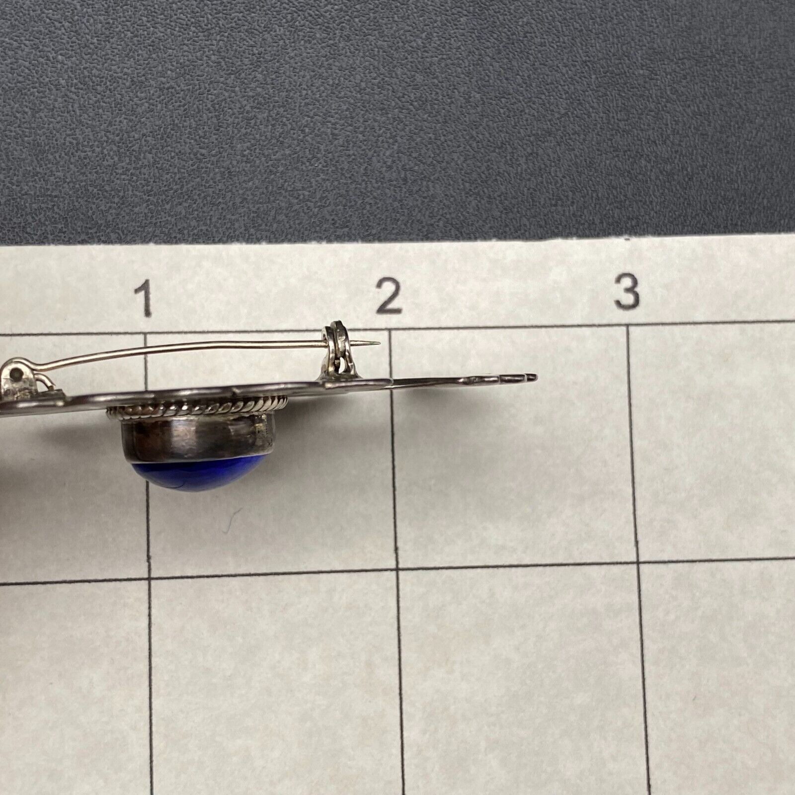 Vintage Mexico Icuala Blue Glass Sterling Silver Pin Brooch