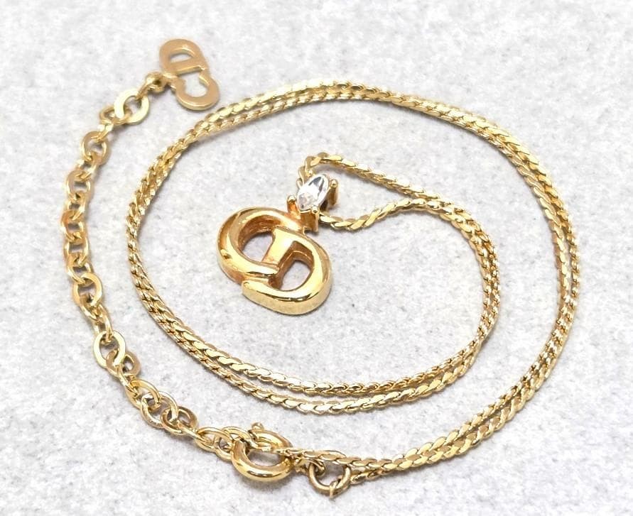 Christian Dior CD Logo Rhinestone Gold Necklace 45cm Vintage