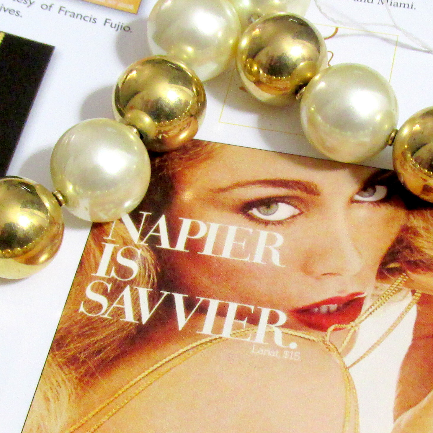 VTG RUNWAY STATEMENT NAPIER CHUNKY 3/4″ FAUX PEARL GP BEAD 18″ NECKLACE TAG 80s