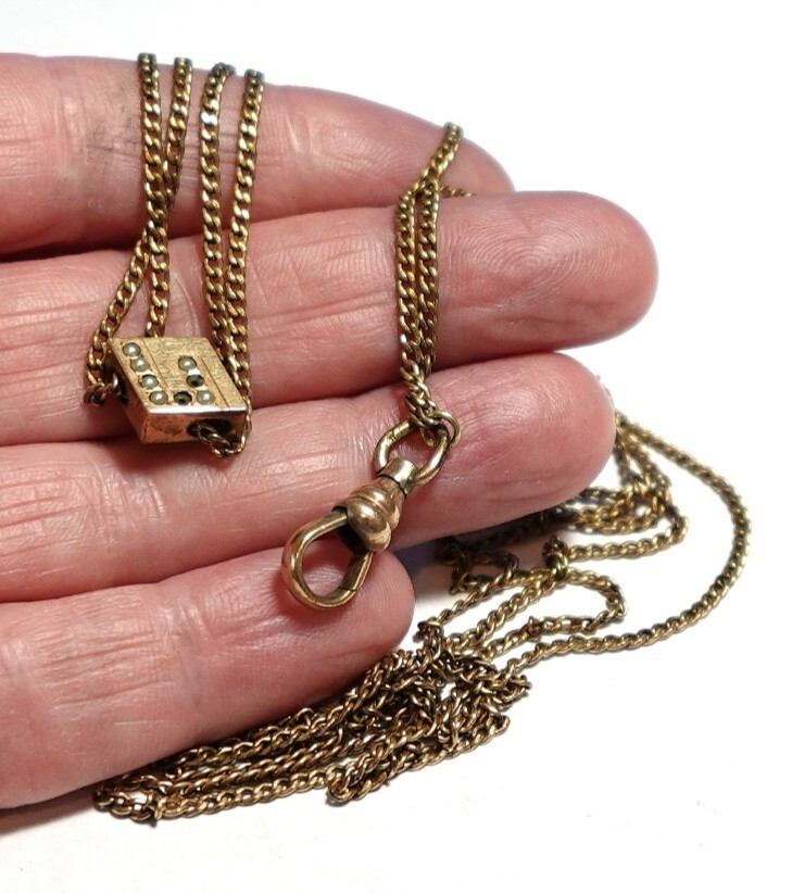 VICTORIAN GOLD FILLED NECKLACE SEED PEARL SLIDE CHATELAINE 56″ 9.8 GRAMS J-755