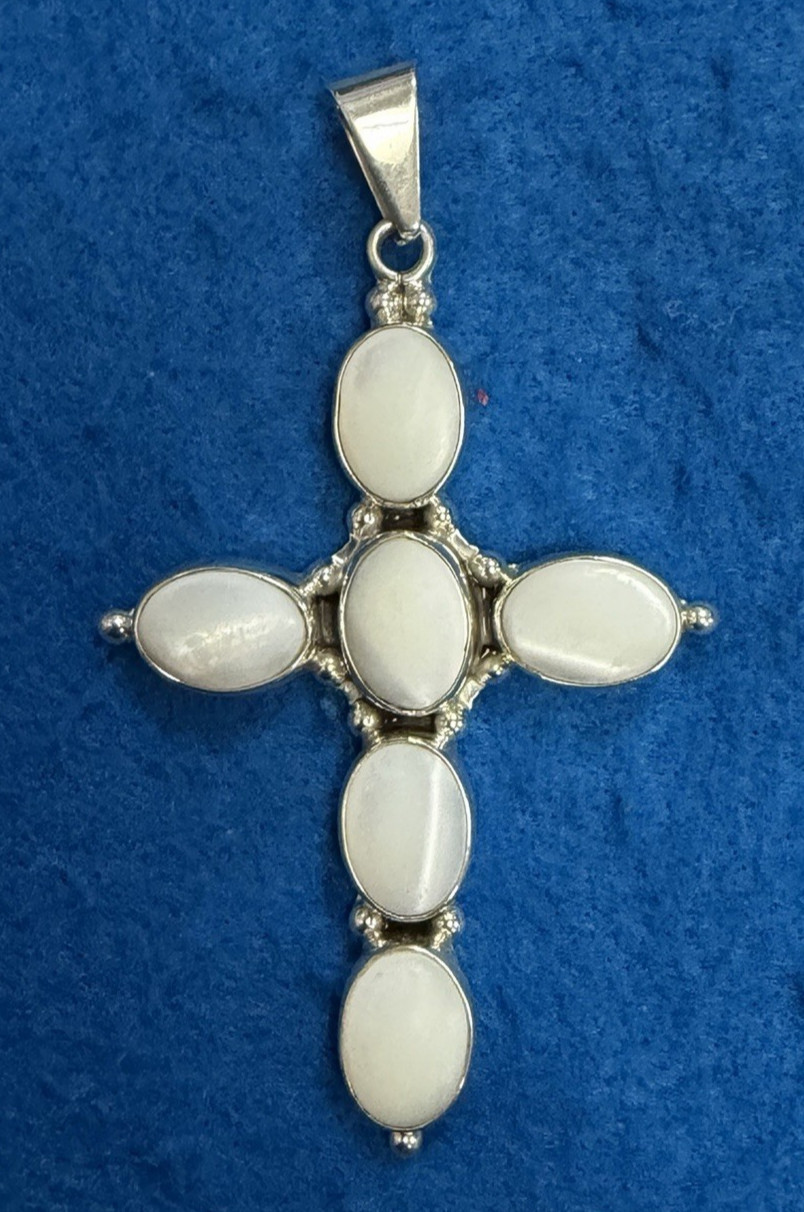 Vintage Sterling Silver Mother of Pearl Oval Cross Pendant