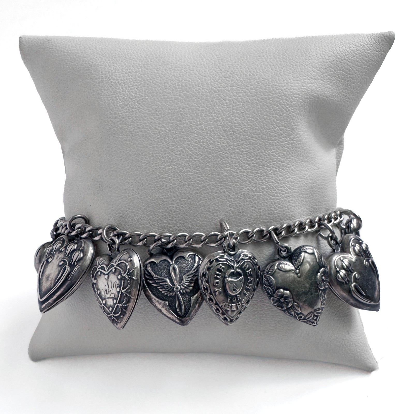 Vintage WWII Sterling Silver 925 Puffy Heart Sweetheart Bracelet w/ 14 Charms