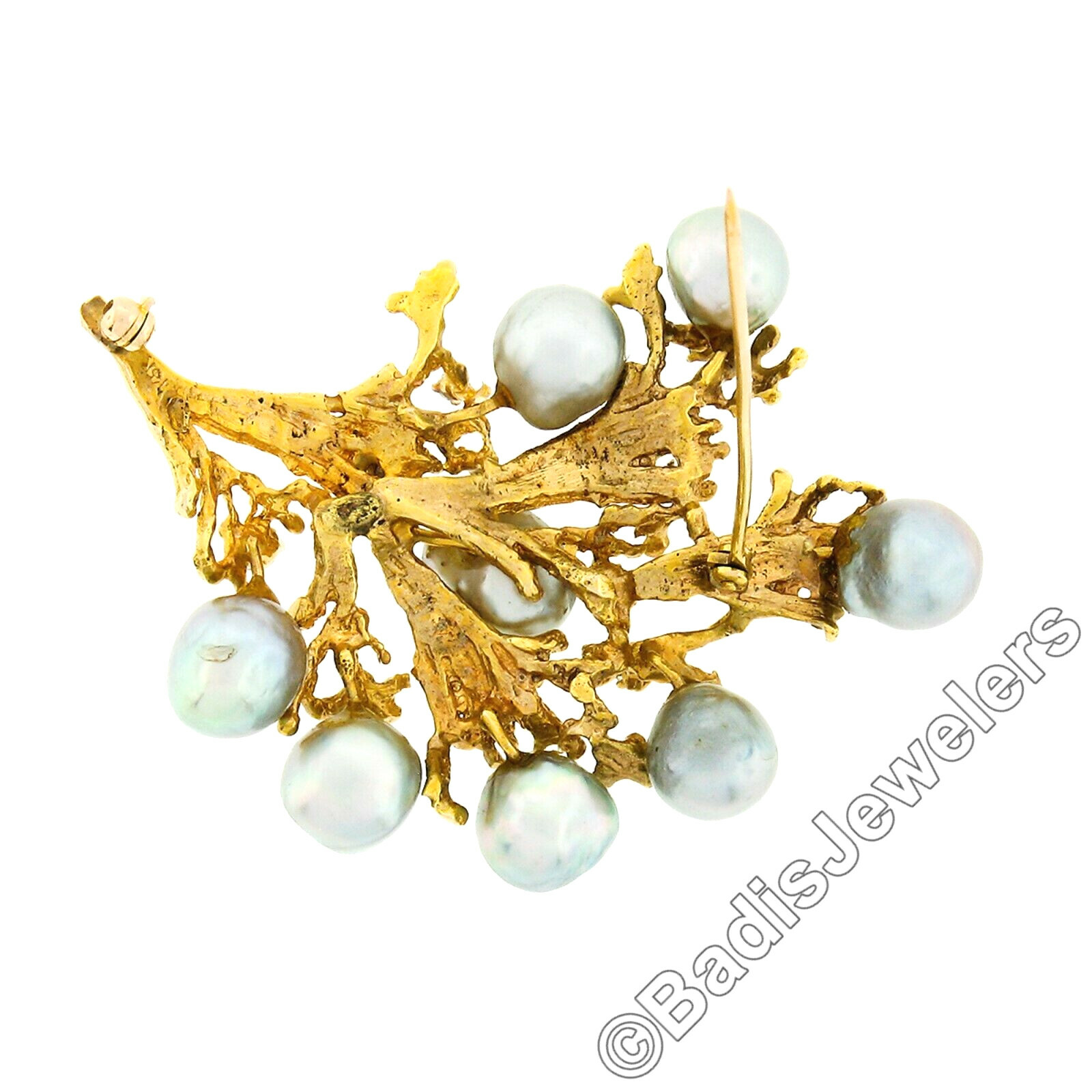 Vintage Textured 14K Gold Gray Pearl Diamond Freeform Flower Cluster Pin Brooch