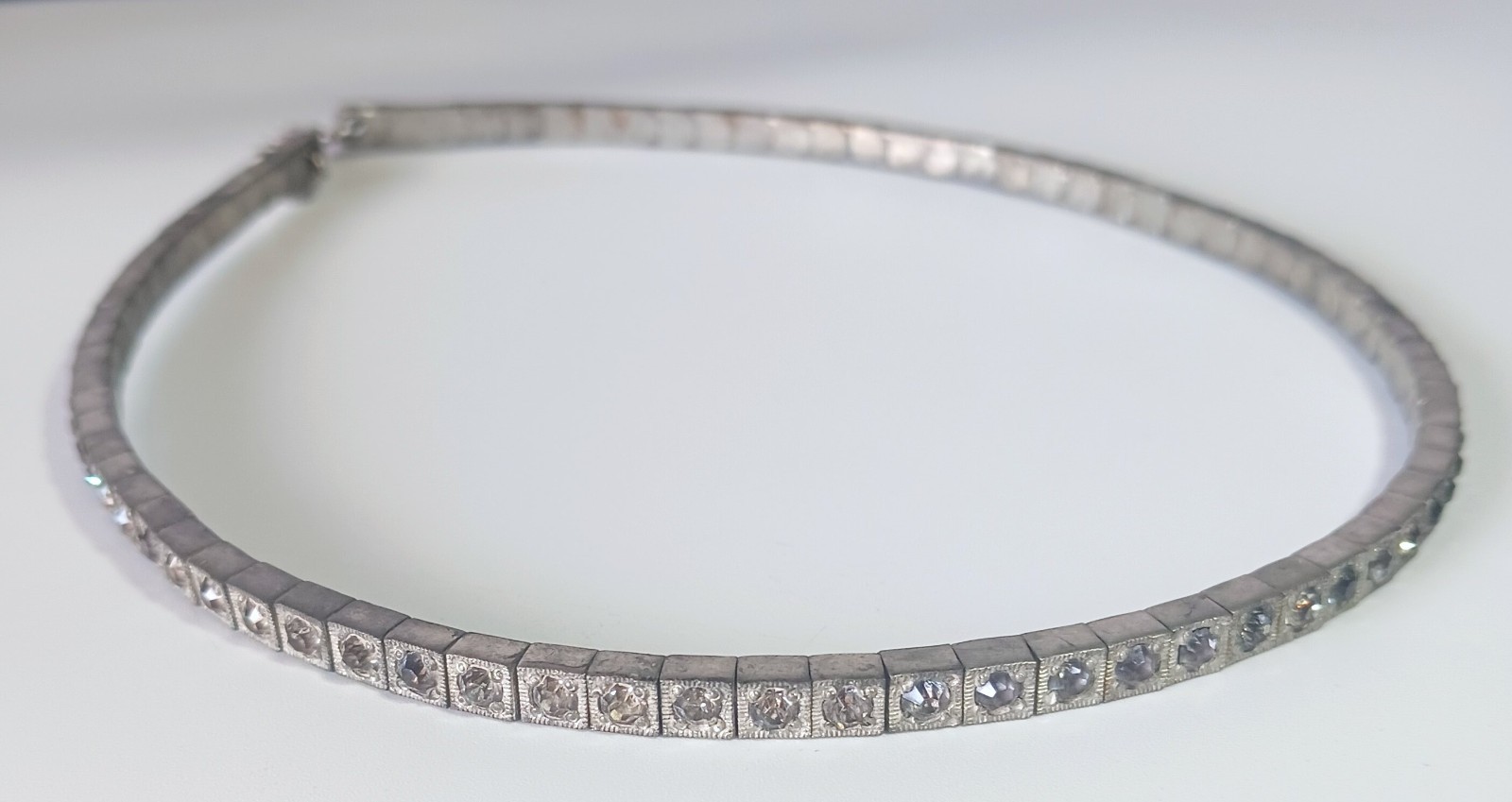 Vtg (Antique?) Silver-tone Clear Rhinestone Rigid Tennis-style Necklace 16″