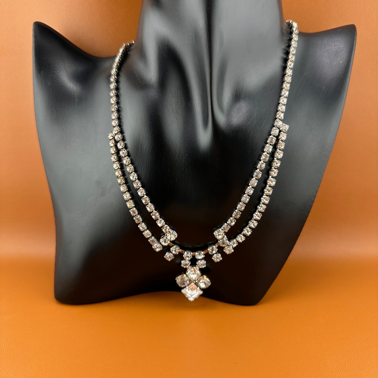 Vintage Rhinestone Festoon Style Necklace Silver Tone Cup Chain Clear Stones